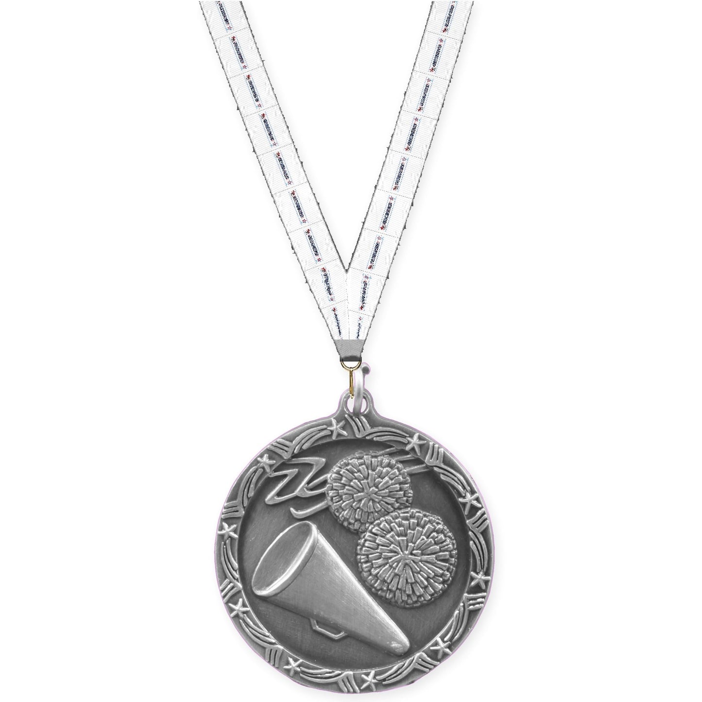 1 3/4 inch cheerleading Shooting Star medal in antique silver with Gymnastics neck ribbon