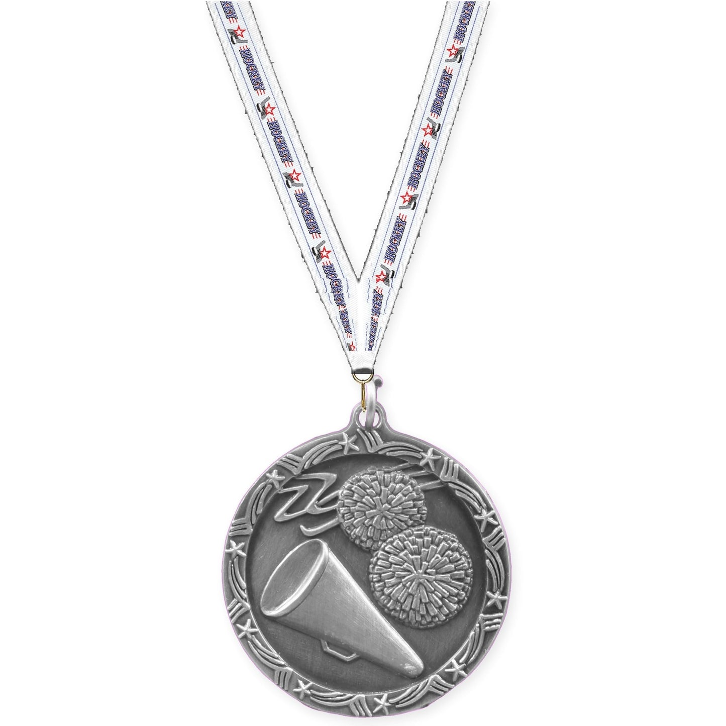 1 3/4 inch cheerleading Shooting Star medal in antique silver with Hockey neck ribbon