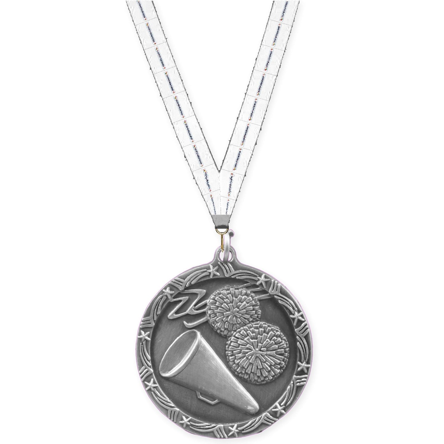 1 3/4 inch cheerleading Shooting Star medal in antique silver with Lamp Of Knowledge neck ribbon