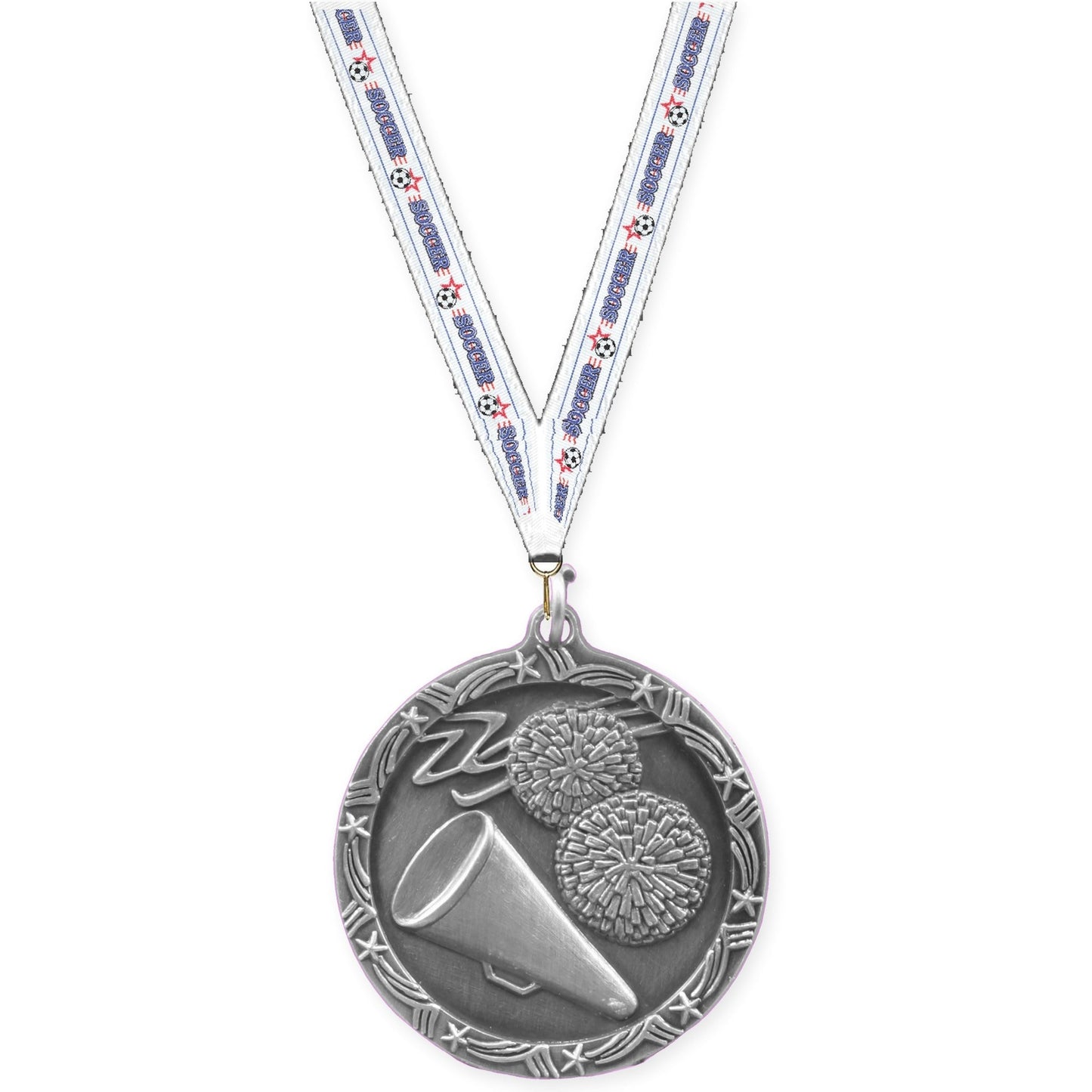1 3/4 inch cheerleading Shooting Star medal in antique silver with Soccer neck ribbon
