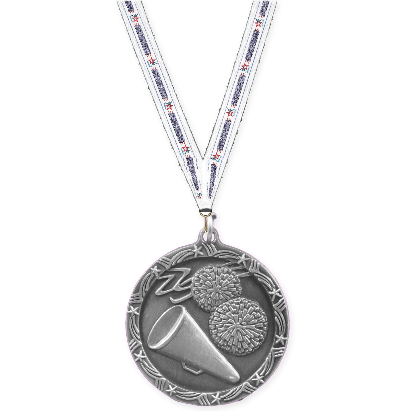 1 3/4 inch cheerleading Shooting Star medal in antique silver with Swimming neck ribbon