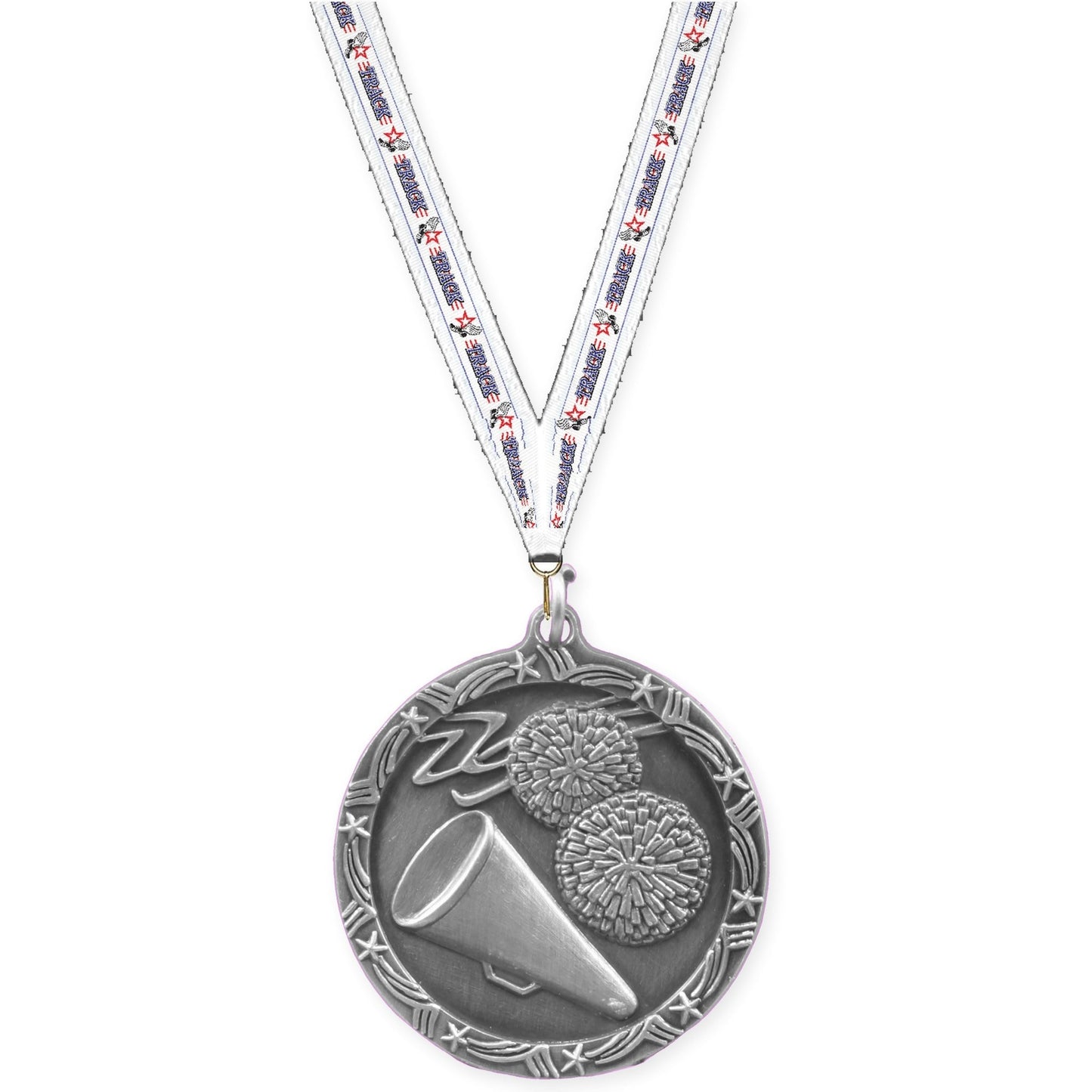 1 3/4 inch cheerleading Shooting Star medal in antique silver with Track neck ribbon
