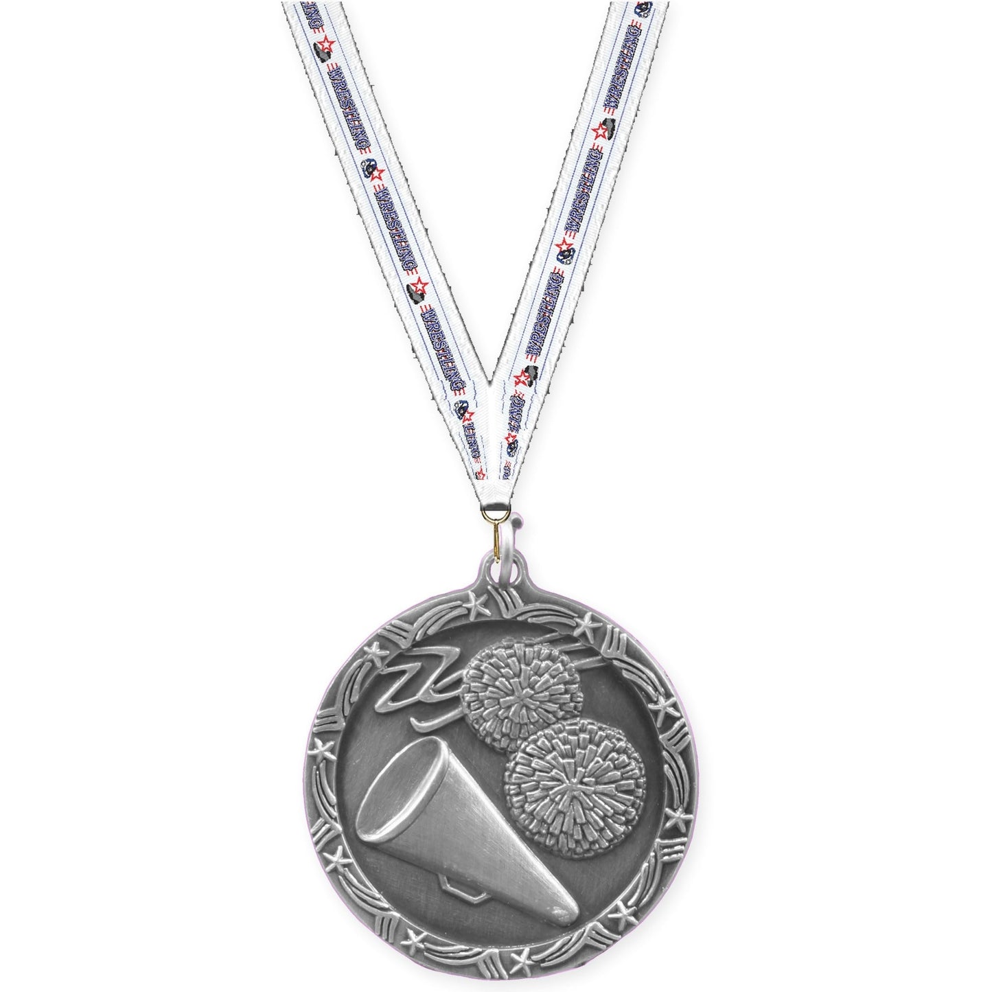 1 3/4 inch cheerleading Shooting Star medal in antique silver with Wrestling neck ribbon