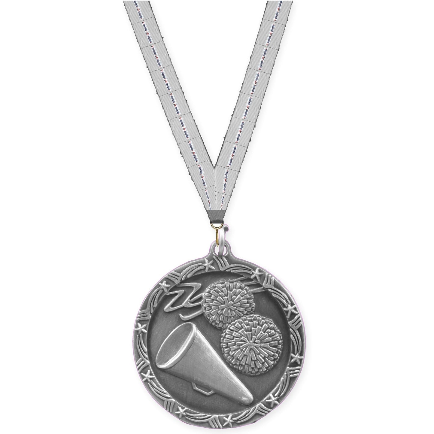 1 3/4 inch cheerleading Shooting Star medal in antique silver with Auto Racing neck ribbon