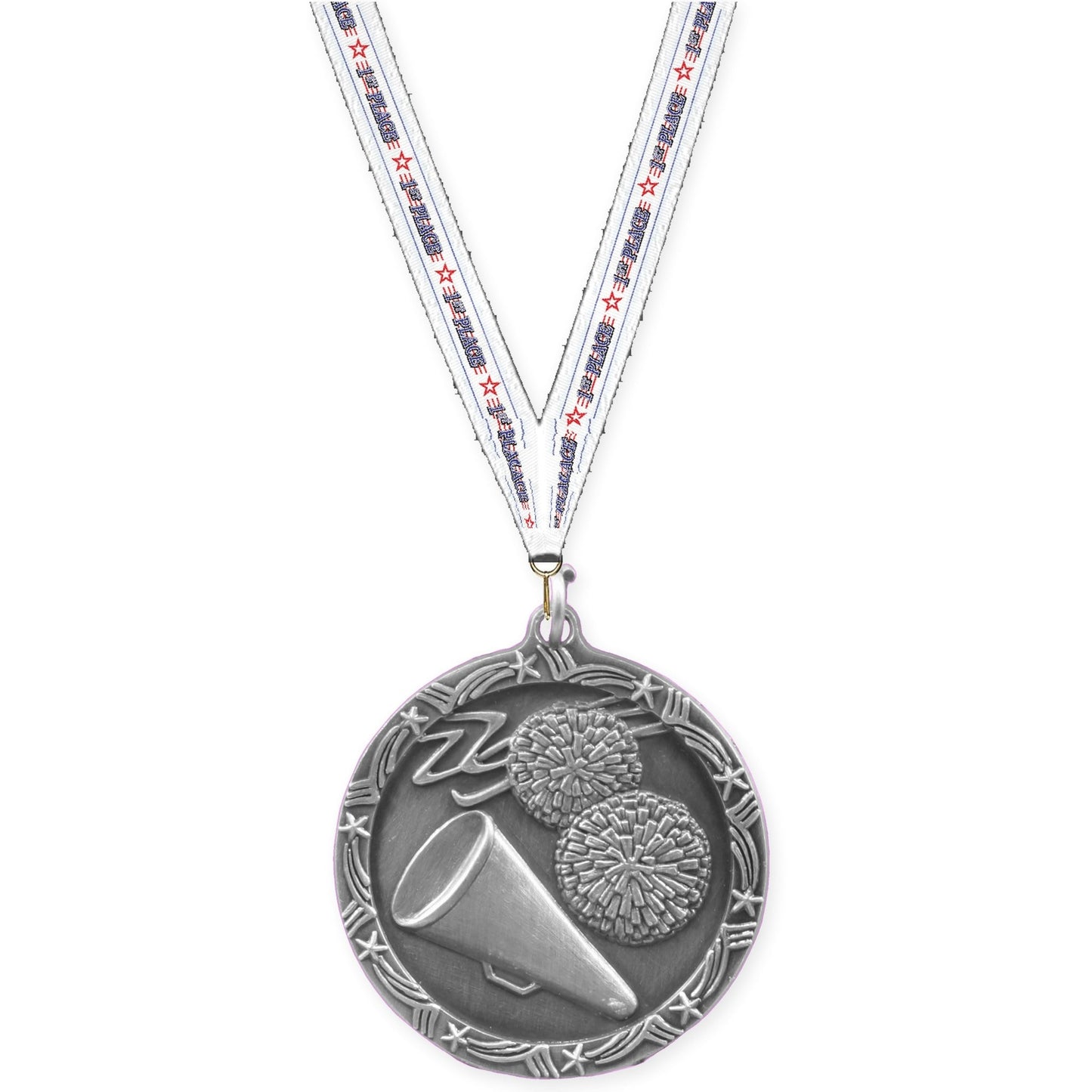 1 3/4 inch cheerleading Shooting Star medal in antique silver with 1st Place neck ribbon