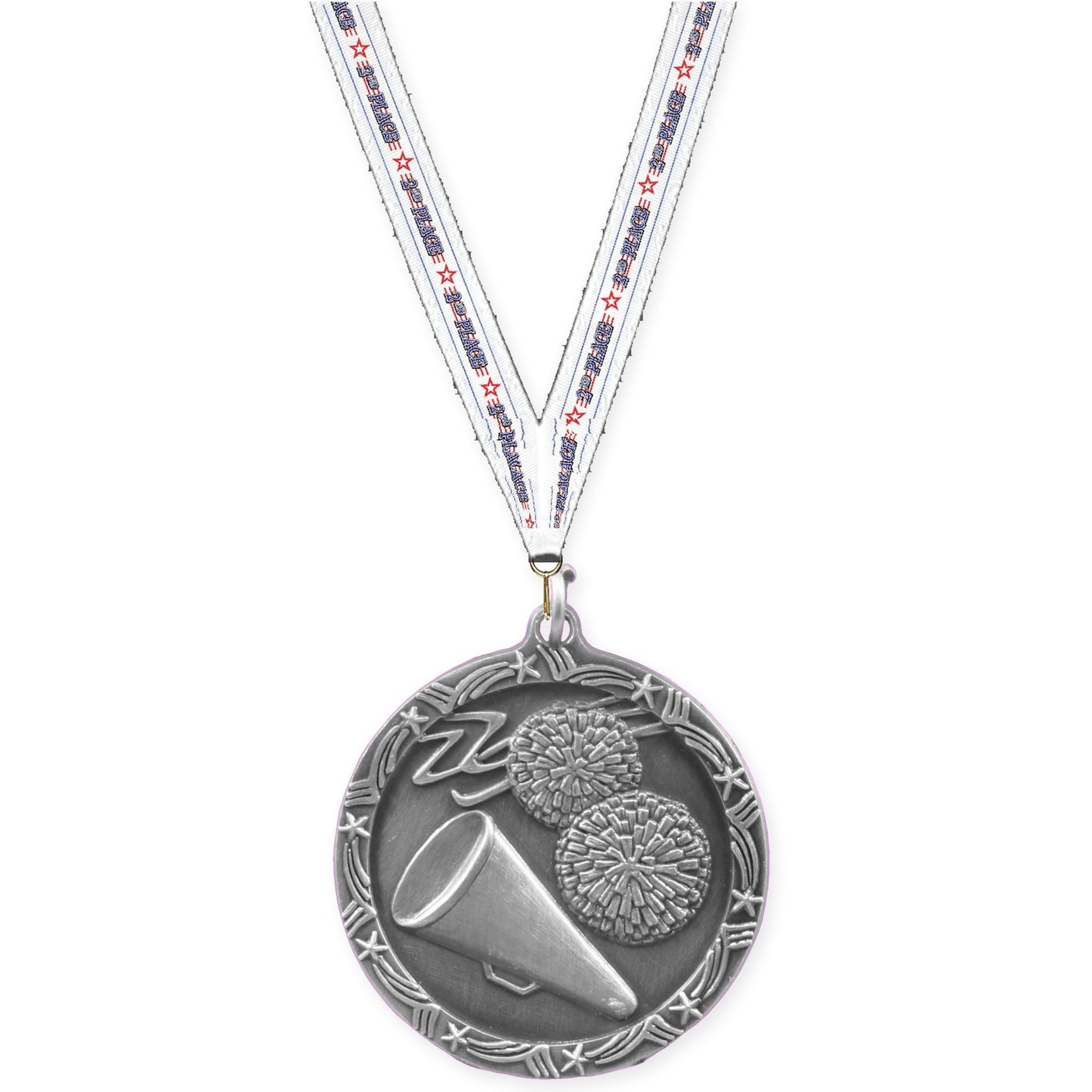 1 3/4 inch cheerleading Shooting Star medal in antique silver with 2nd Place neck ribbon
