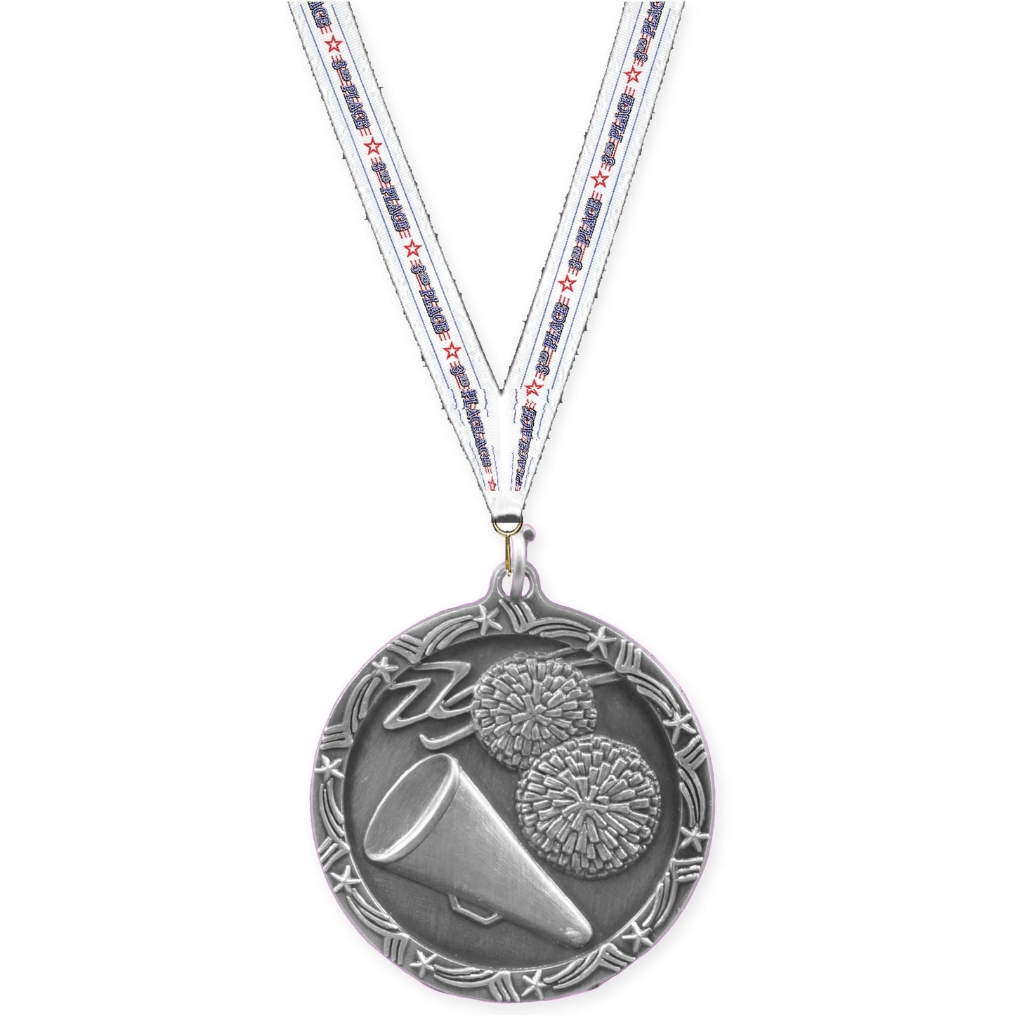 1 3/4 inch cheerleading Shooting Star medal in antique silver with 3rd Place neck ribbon