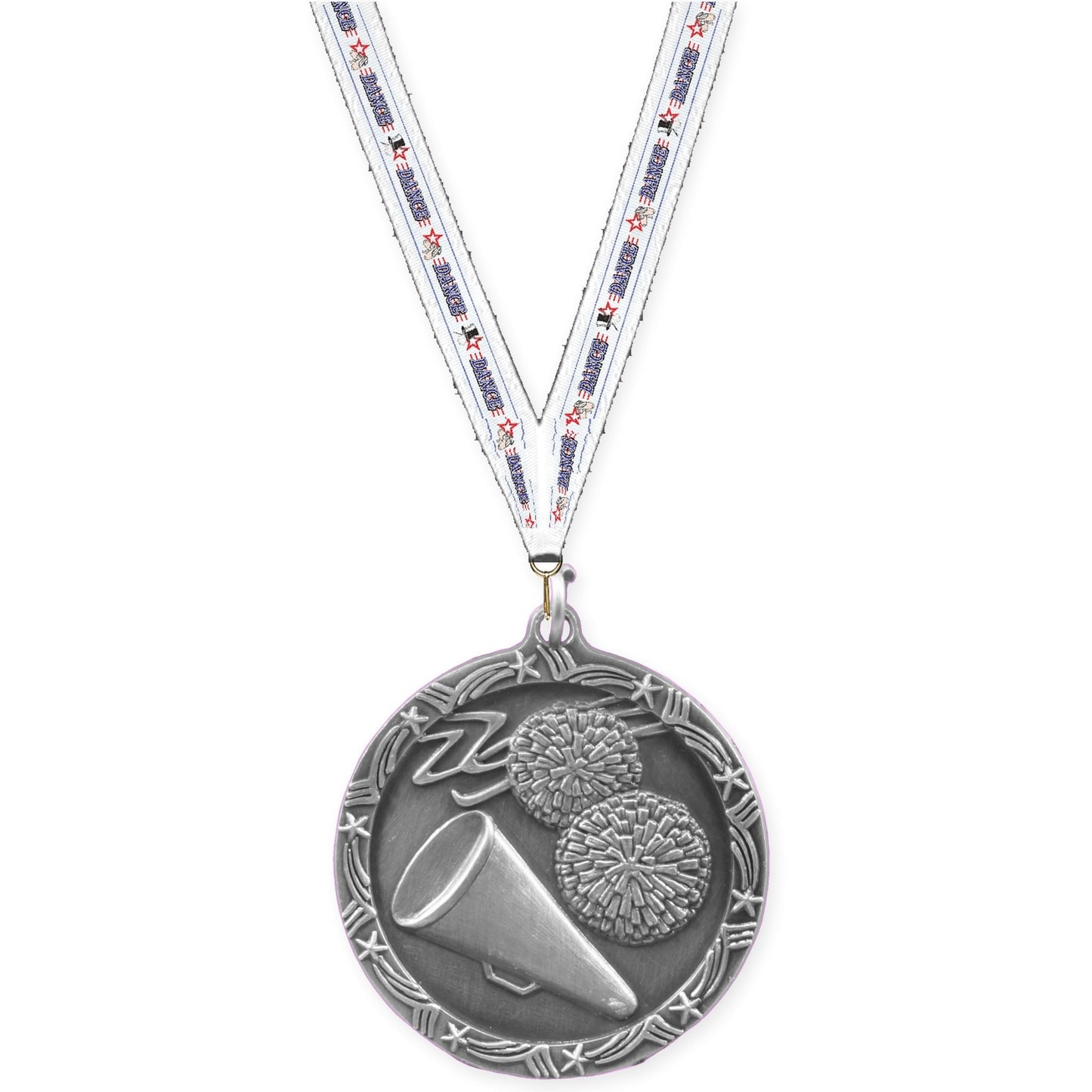 1 3/4 inch cheerleading Shooting Star medal in antique silver with Dance neck ribbon