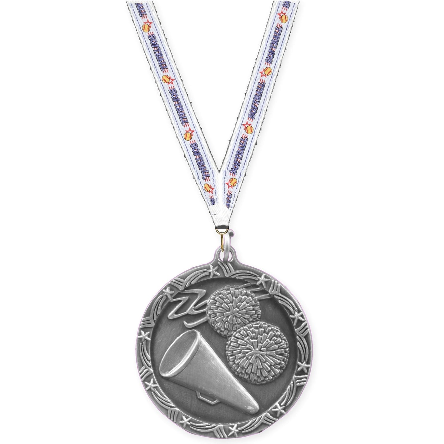 1 3/4 inch cheerleading Shooting Star medal in antique silver with Softball neck ribbon