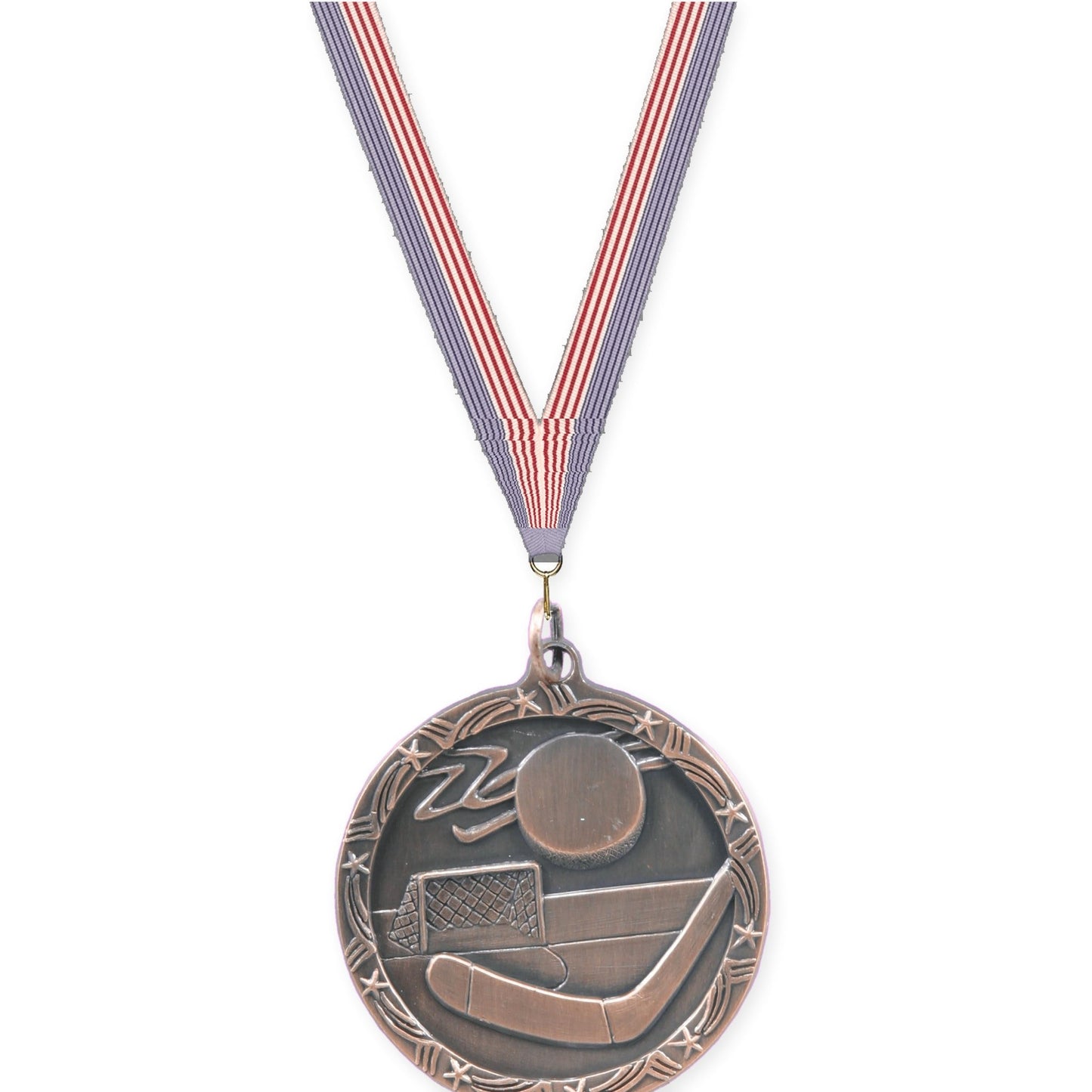 1 3/4 inch hockey Shooting Star medal in antique bronze with USA Flag neck ribbon