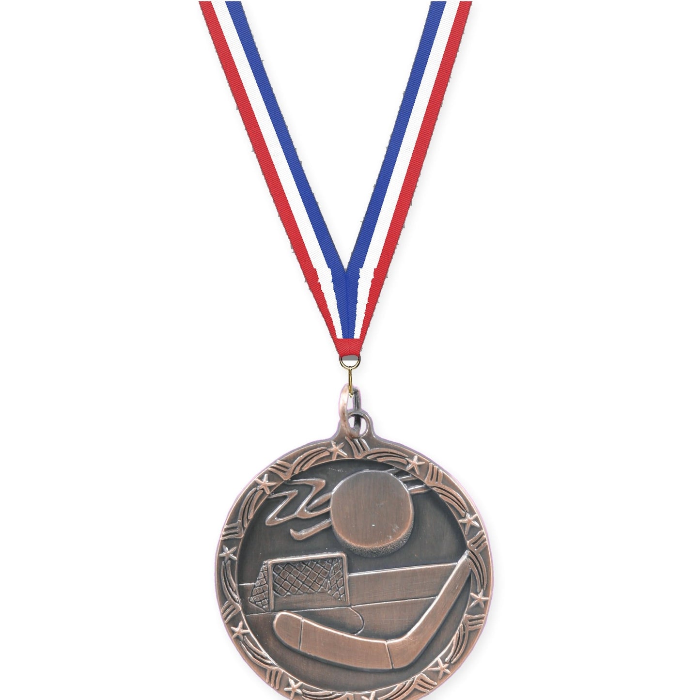 1 3/4 inch hockey Shooting Star medal in antique bronze with Red White Blue neck ribbon