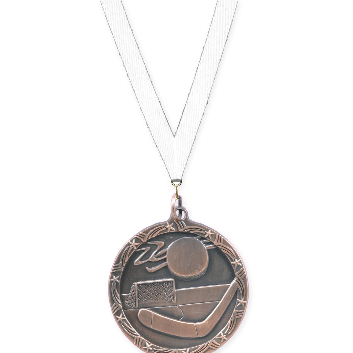1 3/4 inch hockey Shooting Star medal in antique bronze with White neck ribbon