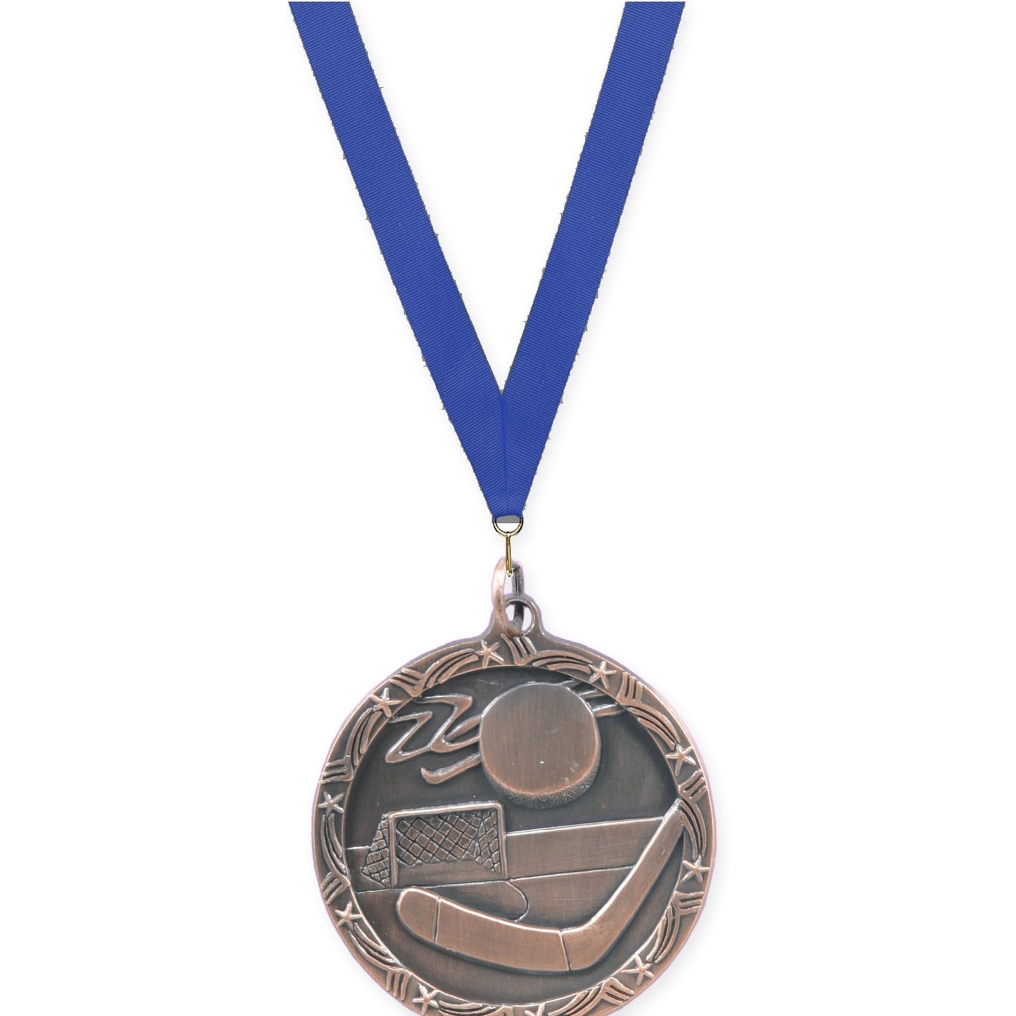 1 3/4 inch hockey Shooting Star medal in antique bronze with Blue neck ribbon