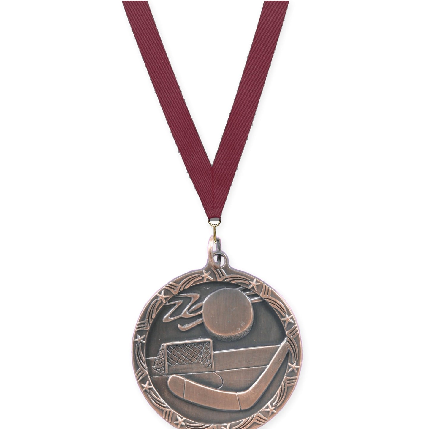 1 3/4 inch hockey Shooting Star medal in antique bronze with Maroon neck ribbon