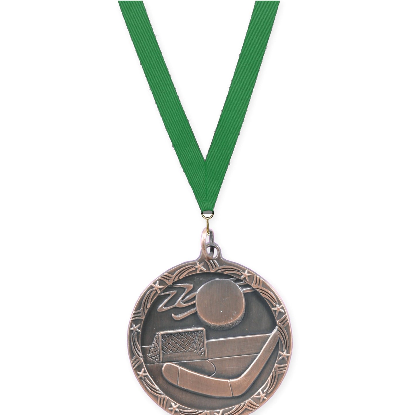1 3/4 inch hockey Shooting Star medal in antique bronze with Green neck ribbon