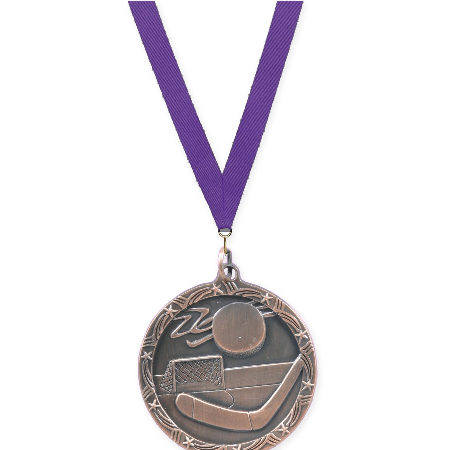 1 3/4 inch hockey Shooting Star medal in antique bronze with Purple neck ribbon