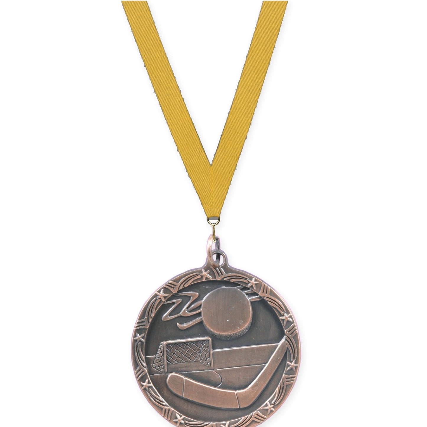 1 3/4 inch hockey Shooting Star medal in antique bronze with Gold neck ribbon