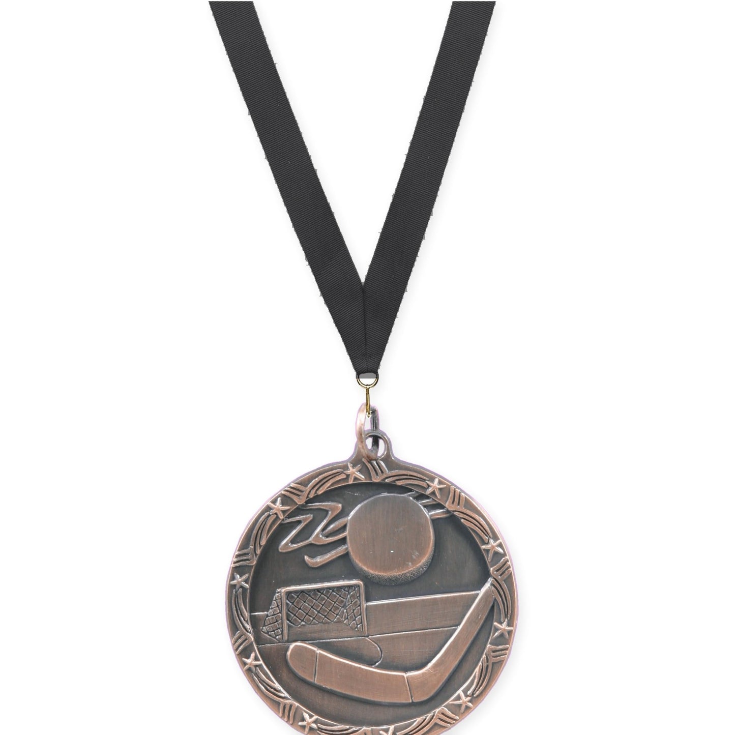 1 3/4 inch hockey Shooting Star medal in antique bronze with Black neck ribbon