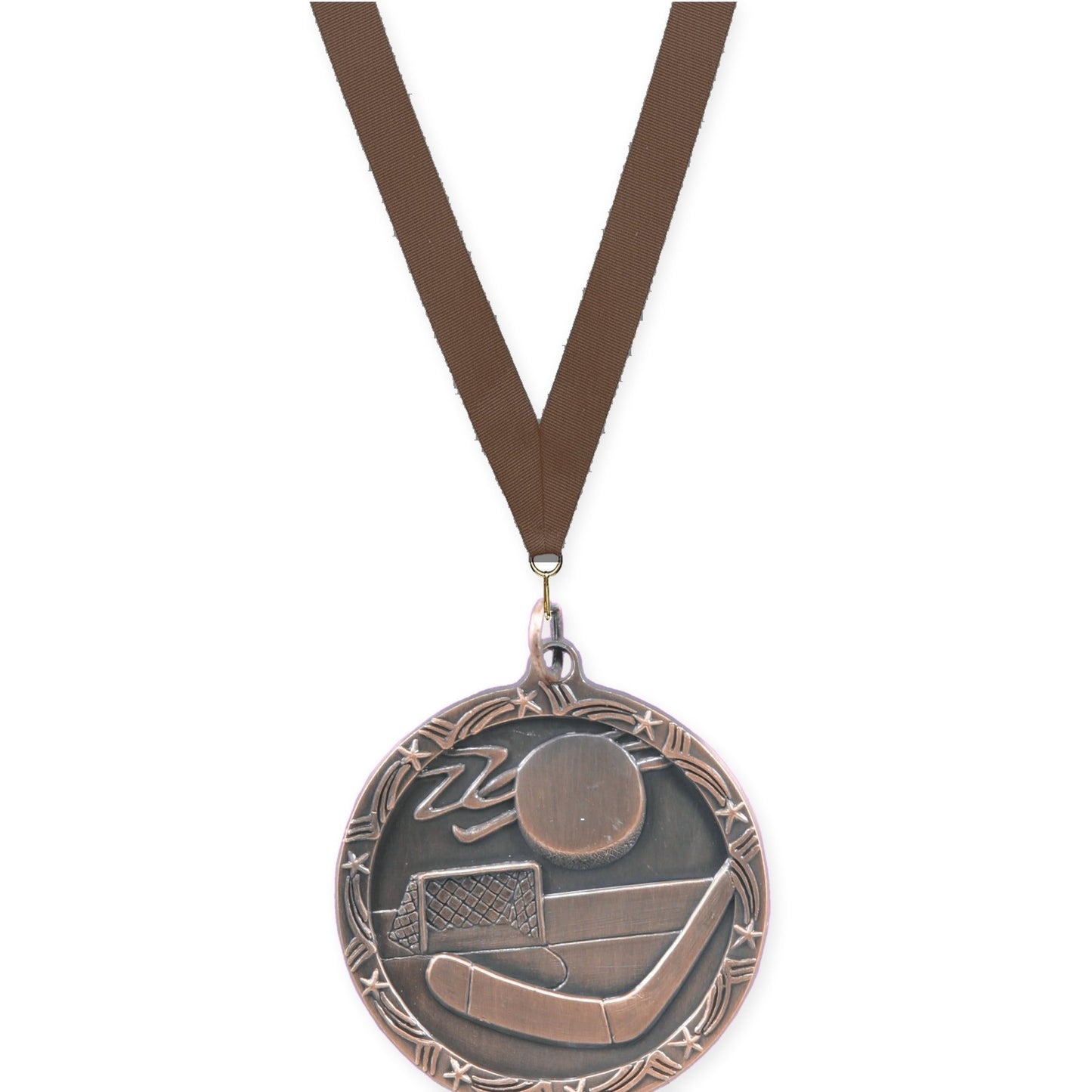 1 3/4 inch hockey Shooting Star medal in antique bronze with Brown neck ribbon
