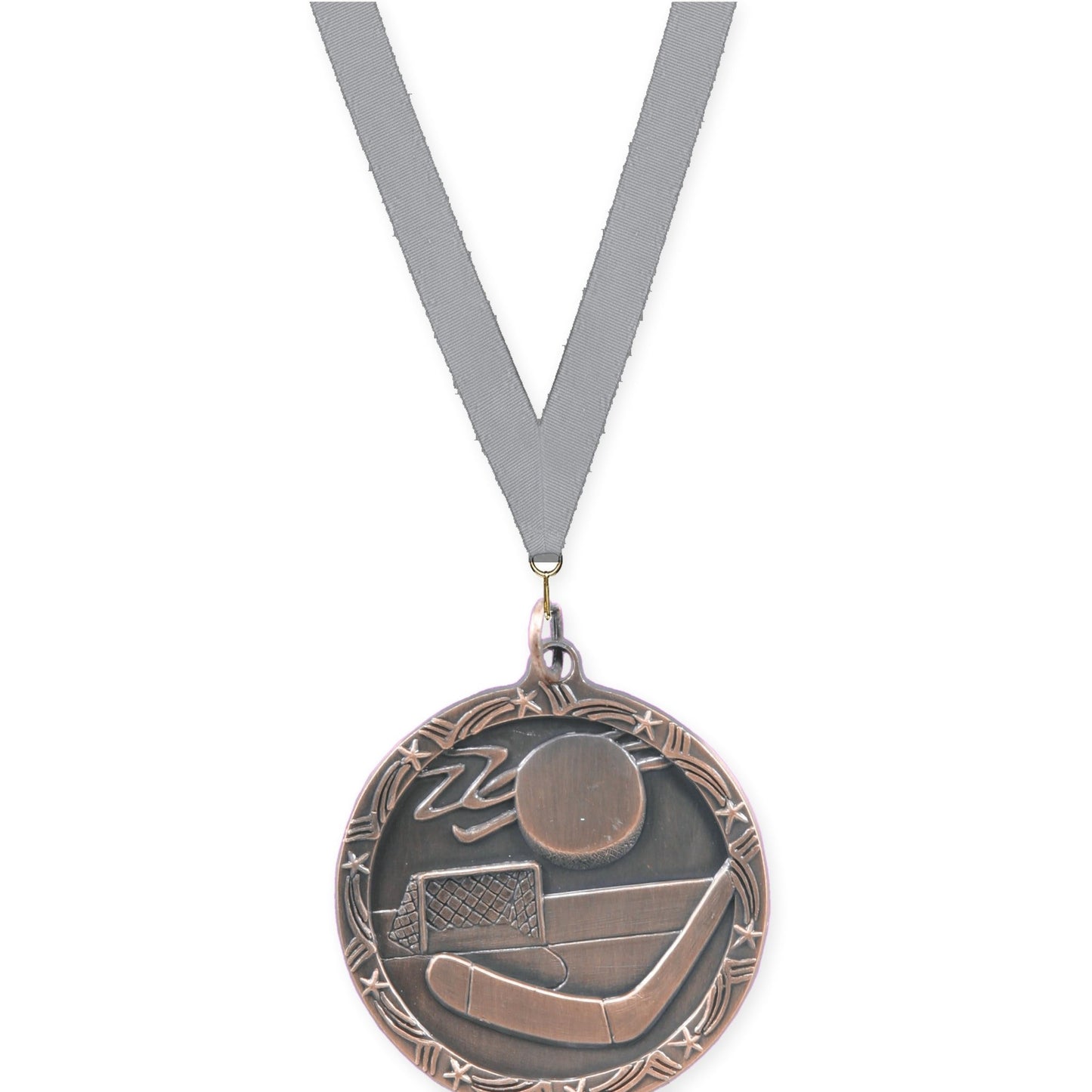 1 3/4 inch hockey Shooting Star medal in antique bronze with Gray neck ribbon