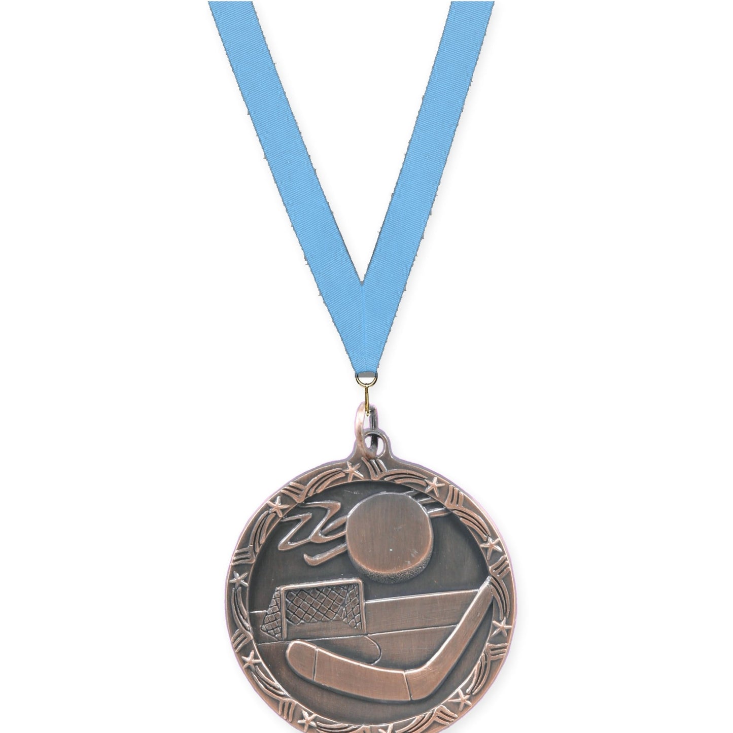 1 3/4 inch hockey Shooting Star medal in antique bronze with Light Blue neck ribbon