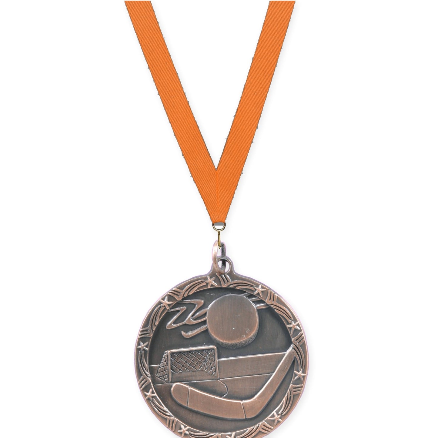 1 3/4 inch hockey Shooting Star medal in antique bronze with Orange neck ribbon