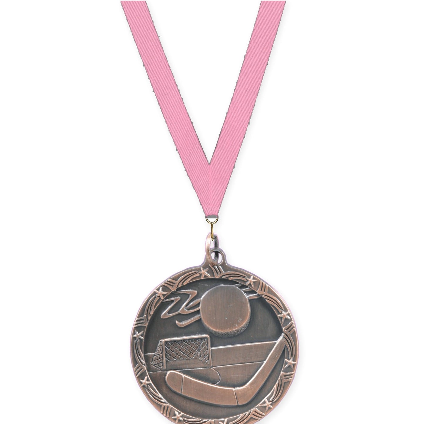 1 3/4 inch hockey Shooting Star medal in antique bronze with Pink neck ribbon