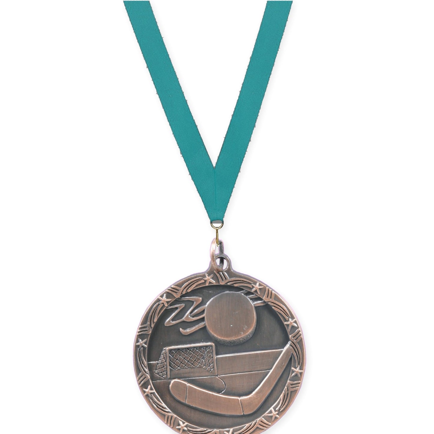 1 3/4 inch hockey Shooting Star medal in antique bronze with Teal neck ribbon