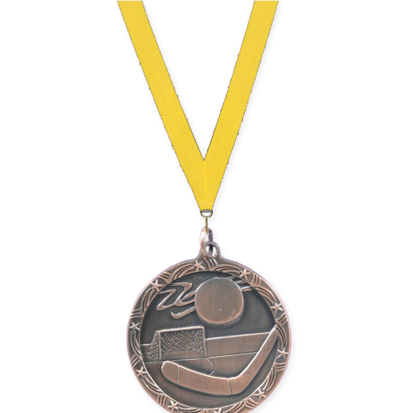 1 3/4 inch hockey Shooting Star medal in antique bronze with Yellow neck ribbon