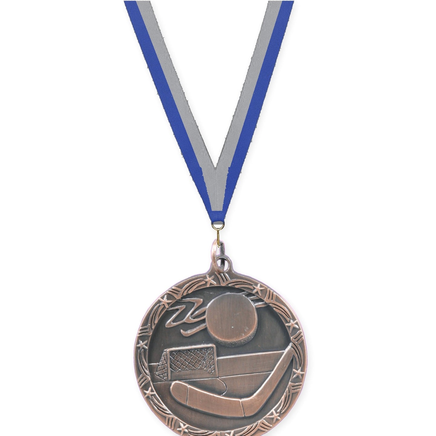 1 3/4 inch hockey Shooting Star medal in antique bronze with Blue Gray neck ribbon