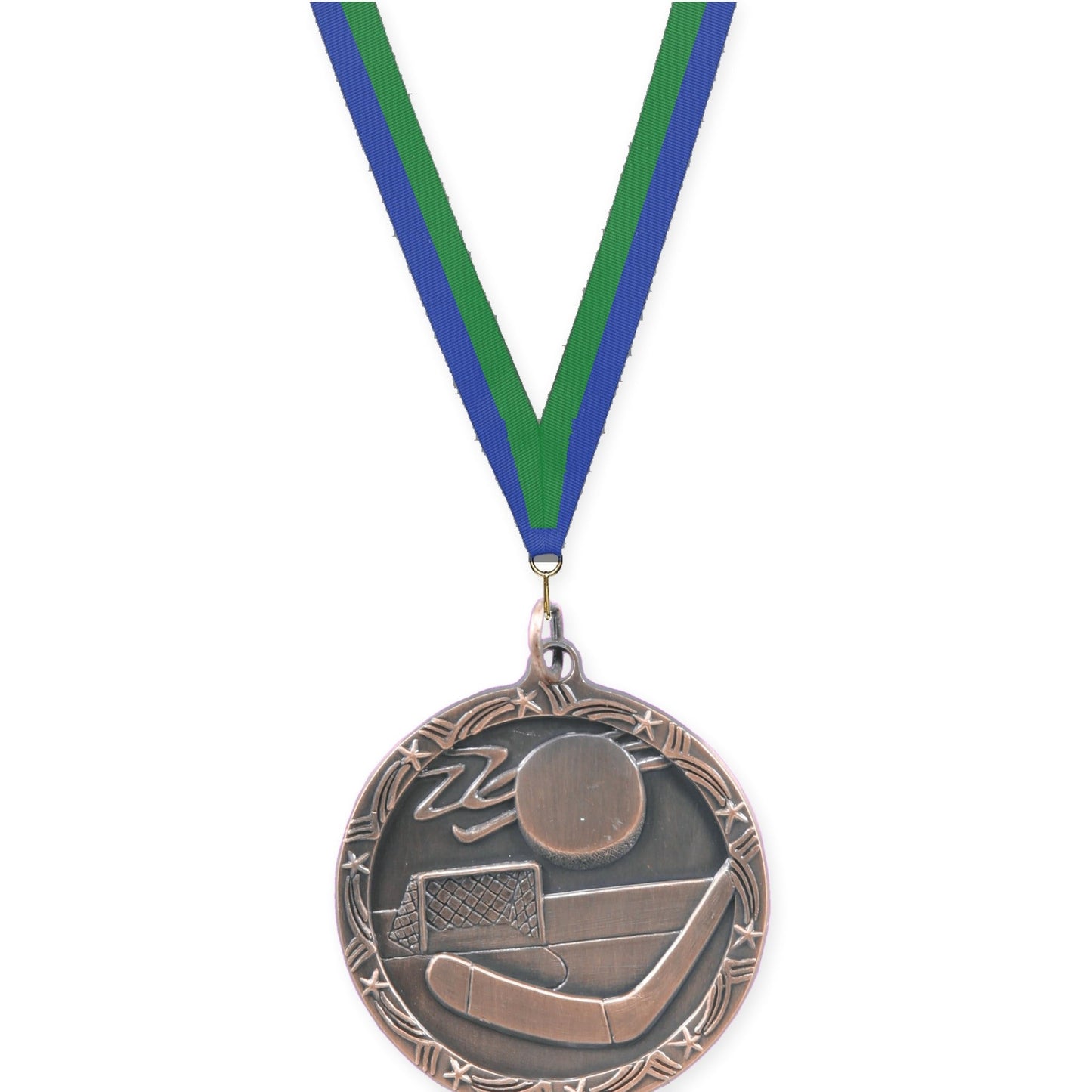 1 3/4 inch hockey Shooting Star medal in antique bronze with Blue Green neck ribbon
