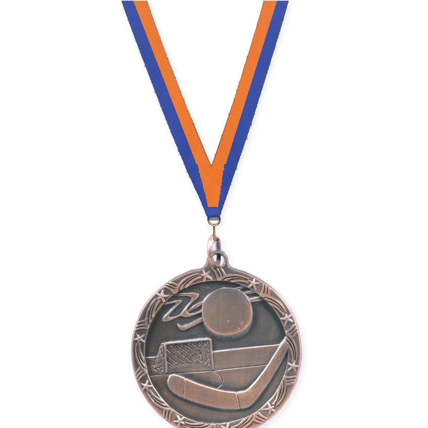 1 3/4 inch hockey Shooting Star medal in antique bronze with Blue Orange neck ribbon