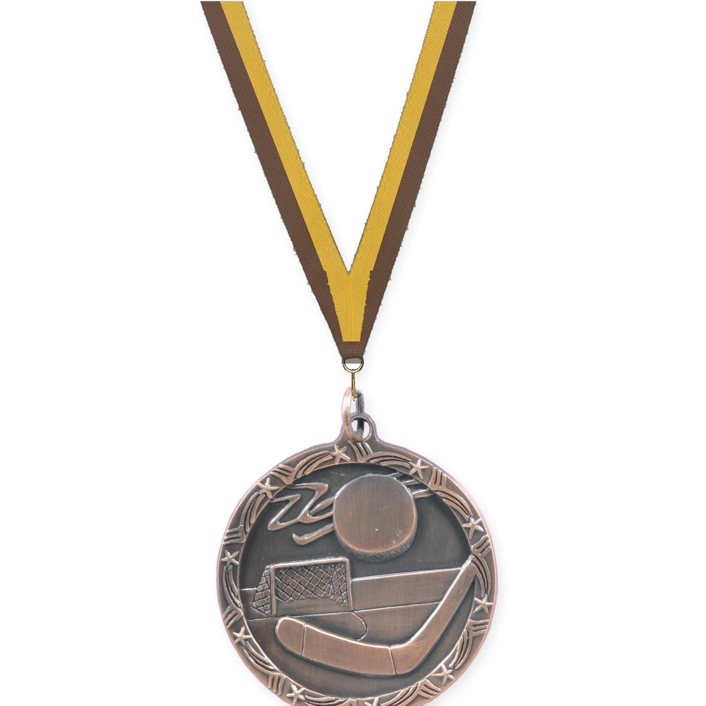 1 3/4 inch hockey Shooting Star medal in antique bronze with Brown Gold neck ribbon