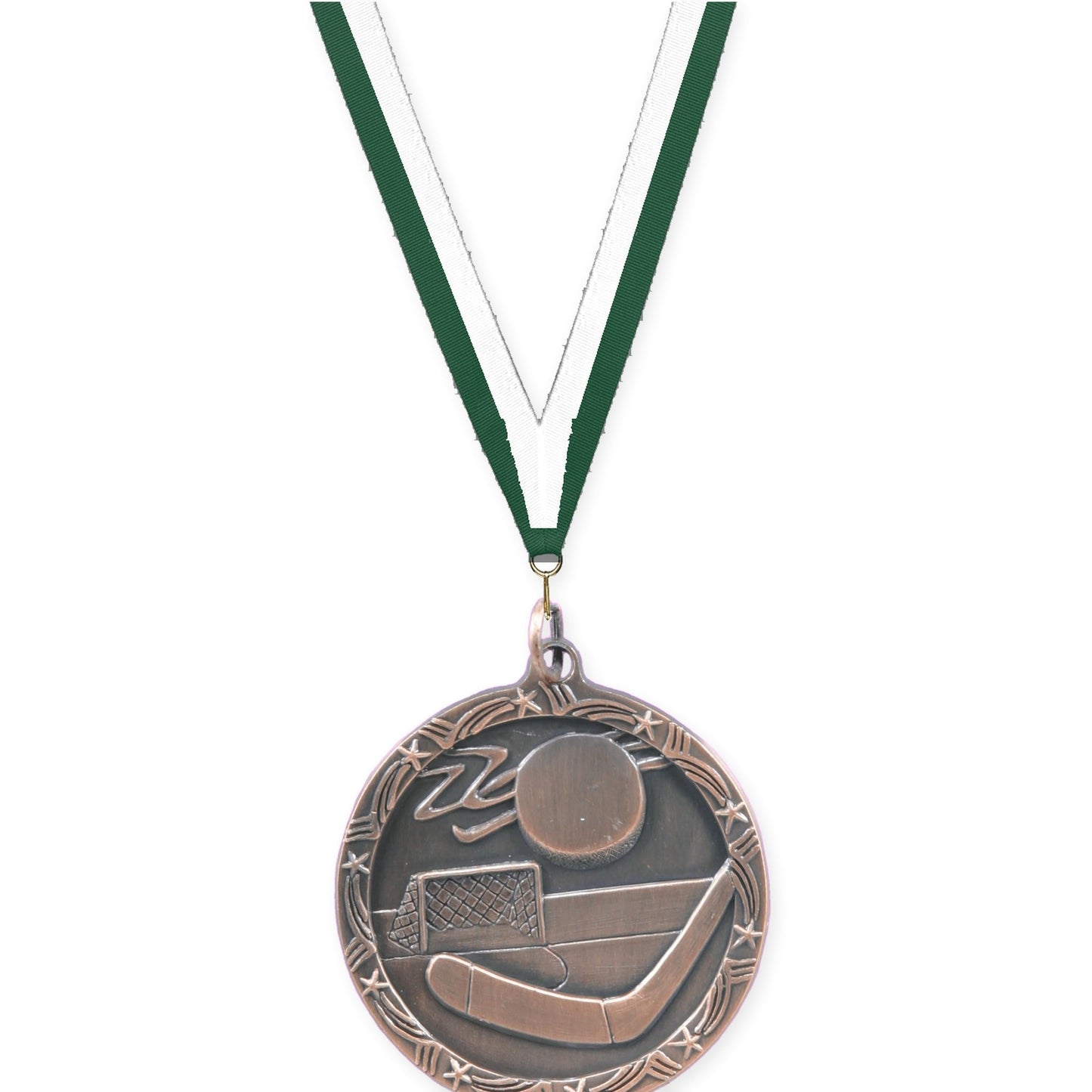 1 3/4 inch hockey Shooting Star medal in antique bronze with Hunter Green White neck ribbon