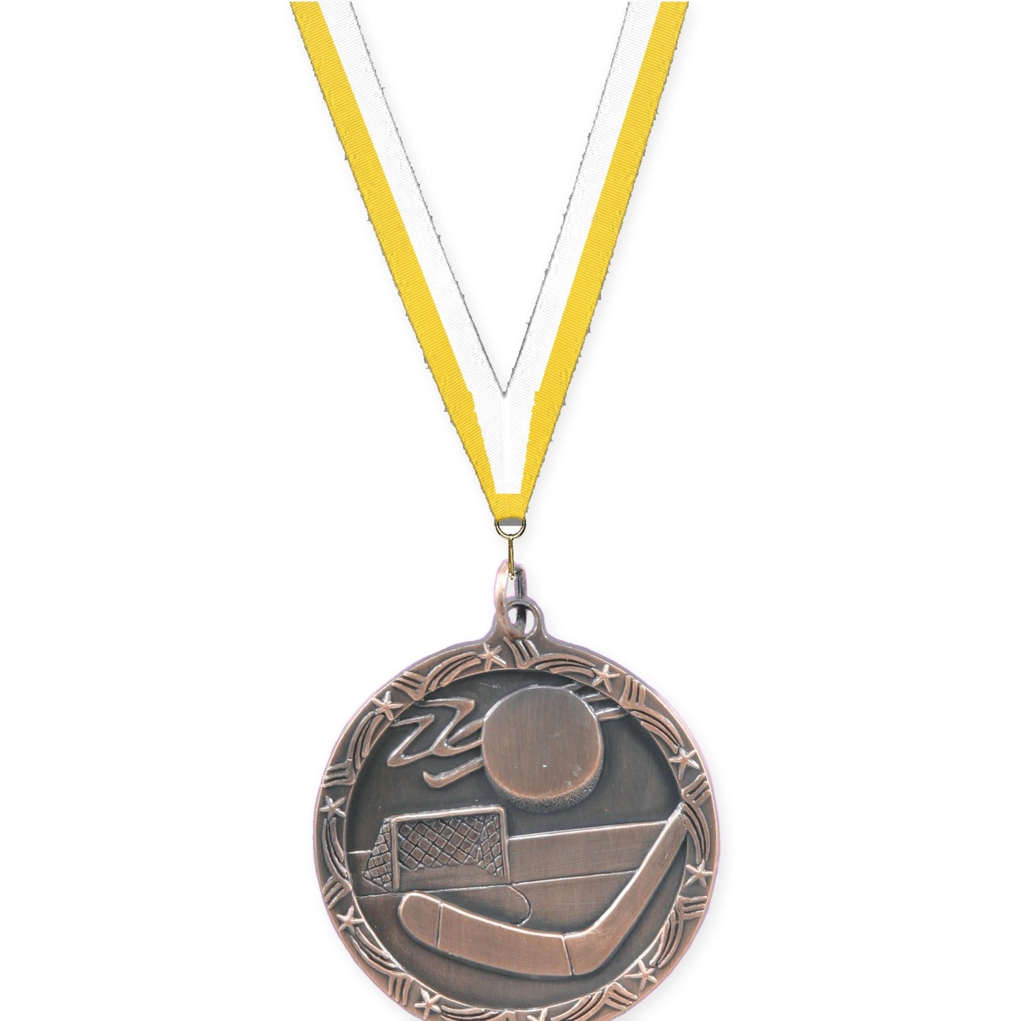 1 3/4 inch hockey Shooting Star medal in antique bronze with Yellow White neck ribbon