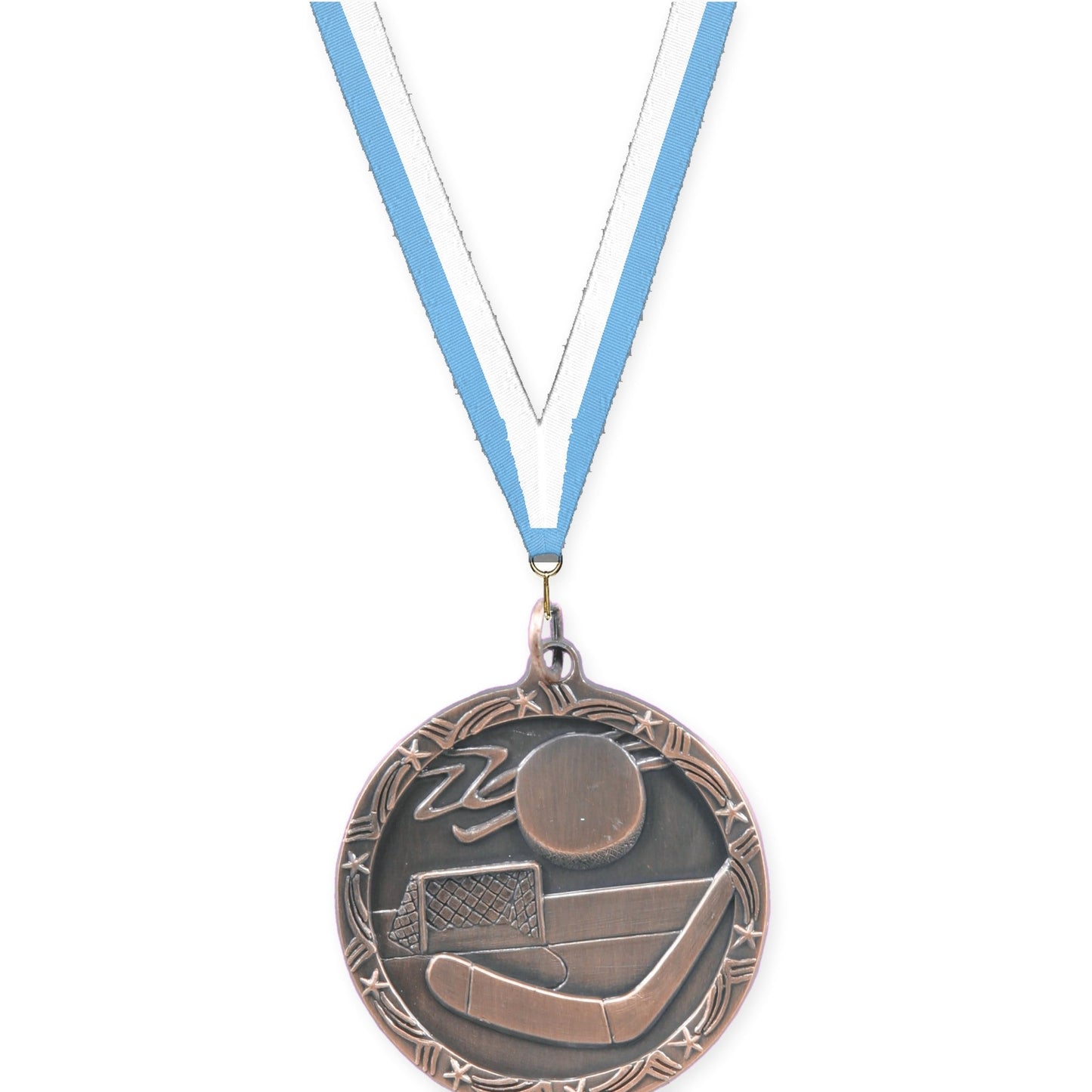 1 3/4 inch hockey Shooting Star medal in antique bronze with Light Blue White neck ribbon