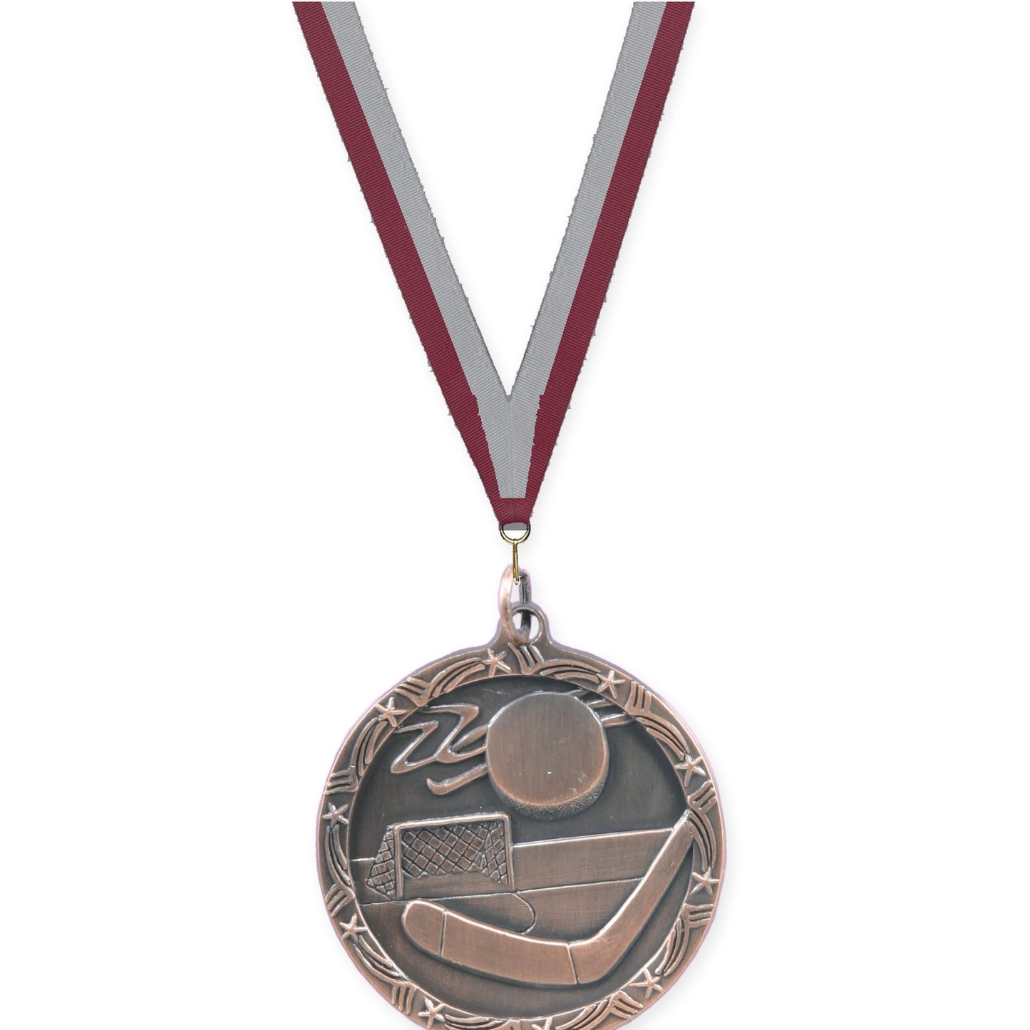 1 3/4 inch hockey Shooting Star medal in antique bronze with Maroon Gray neck ribbon