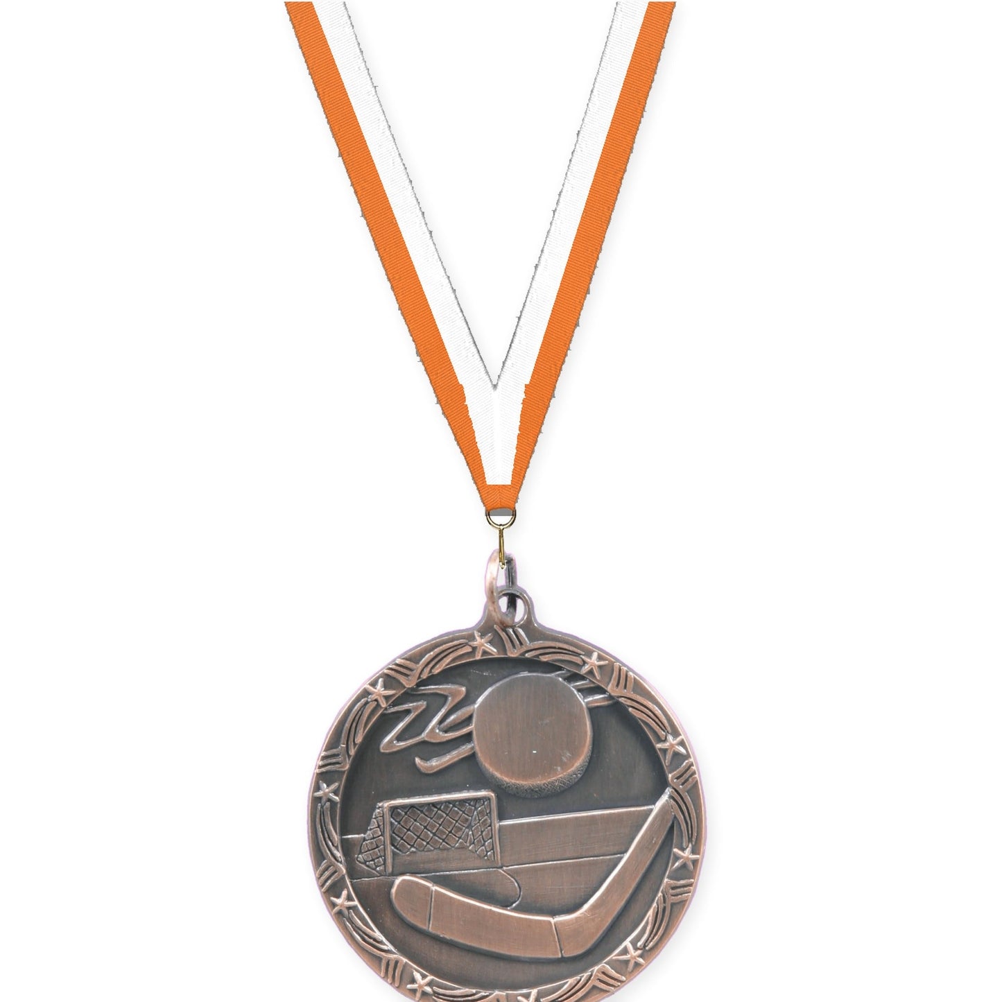 1 3/4 inch hockey Shooting Star medal in antique bronze with Orange White neck ribbon