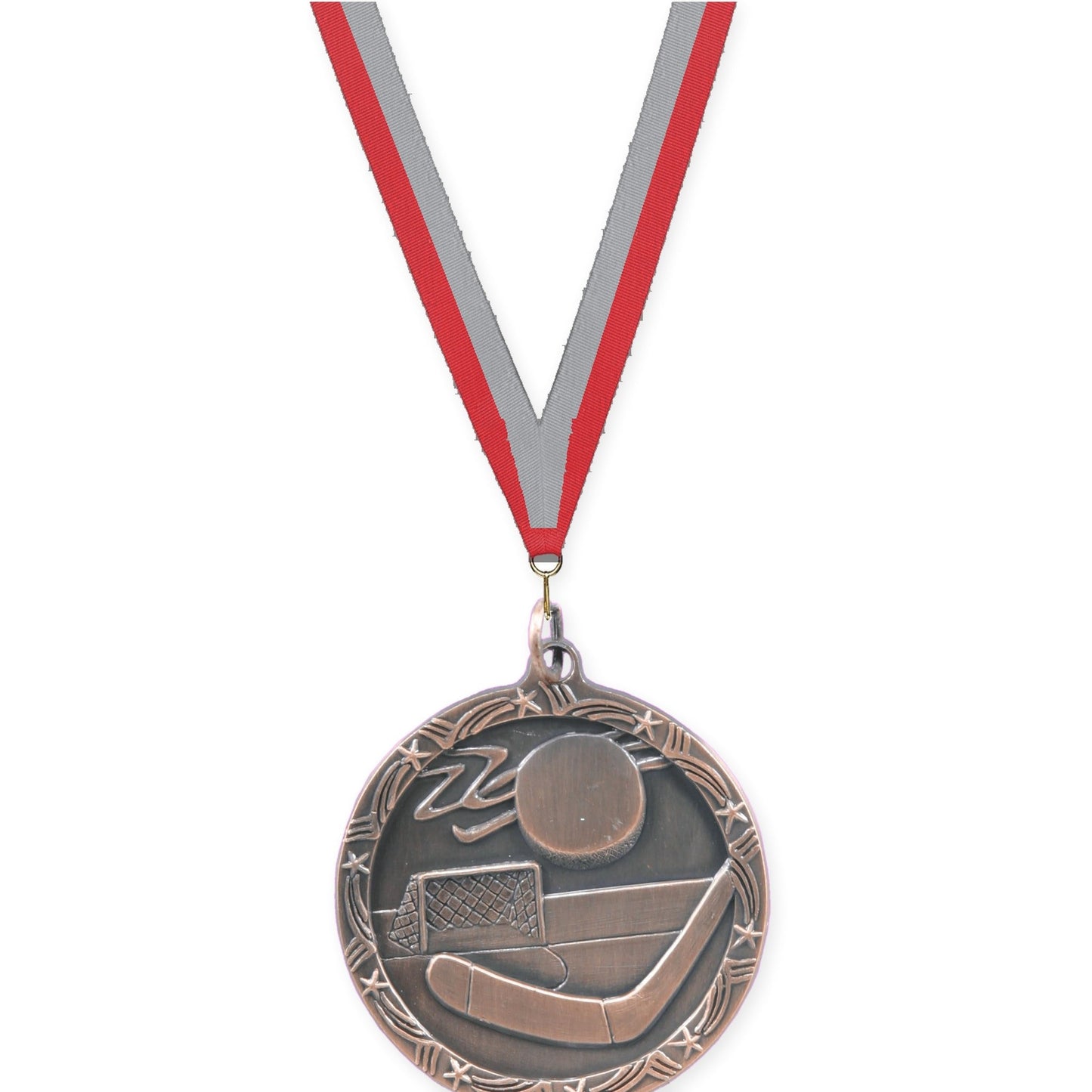 1 3/4 inch hockey Shooting Star medal in antique bronze with Red Gray neck ribbon