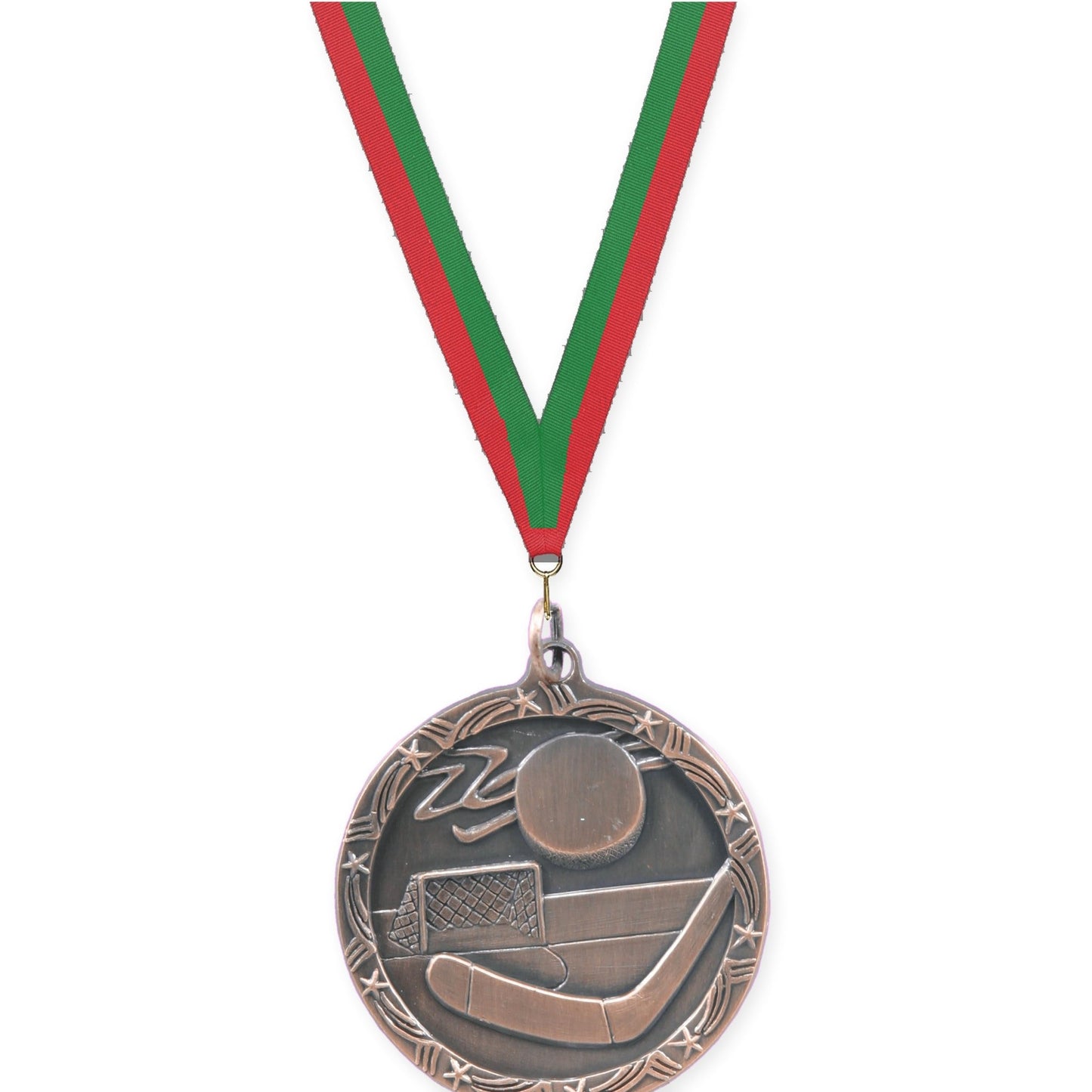 1 3/4 inch hockey Shooting Star medal in antique bronze with Red Green neck ribbon