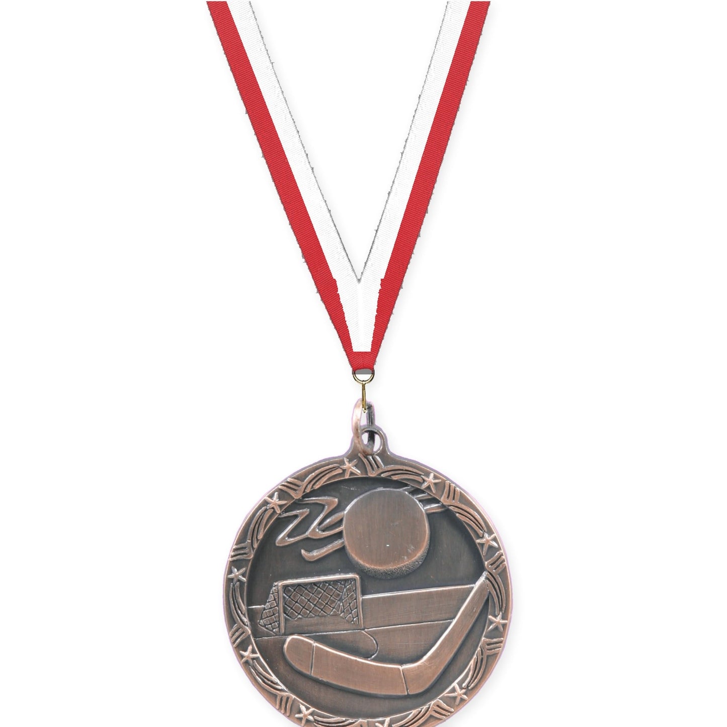 1 3/4 inch hockey Shooting Star medal in antique bronze with Red White neck ribbon