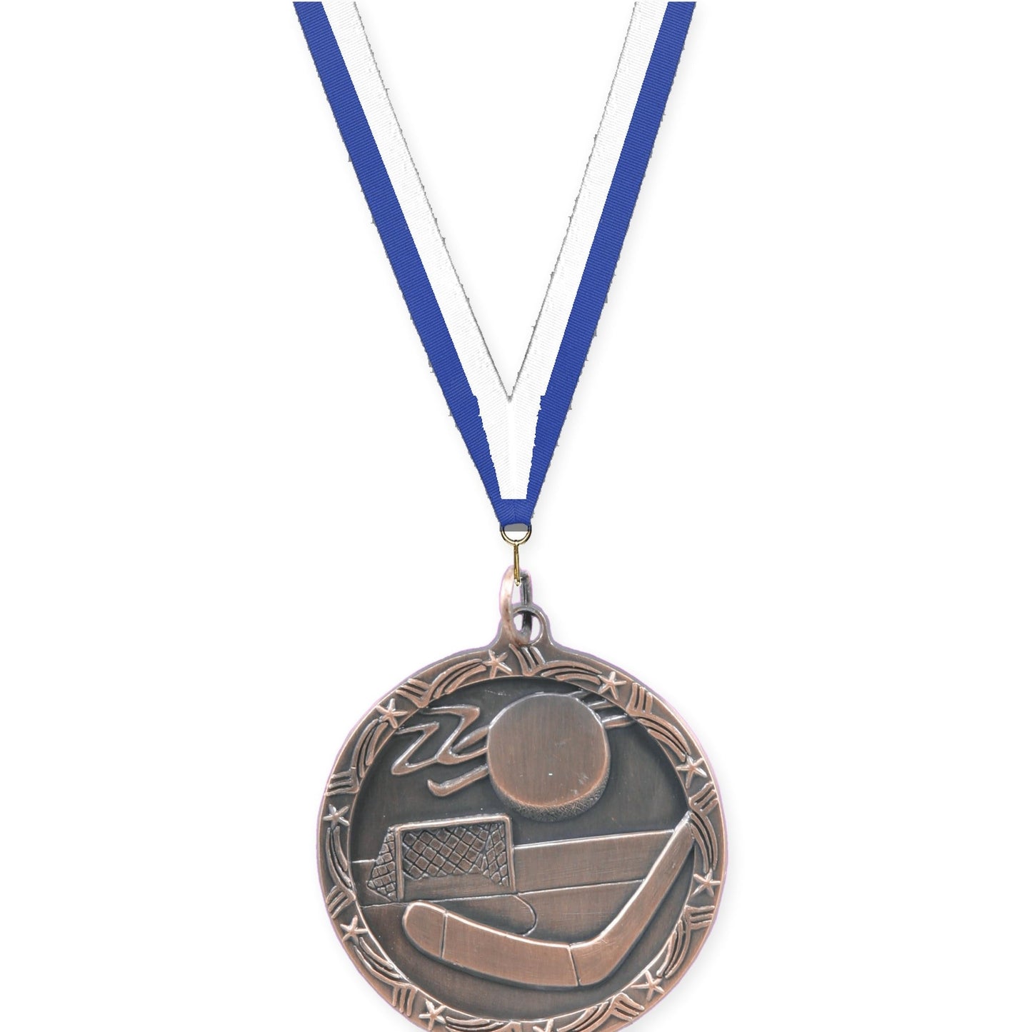 1 3/4 inch hockey Shooting Star medal in antique bronze with Blue White neck ribbon