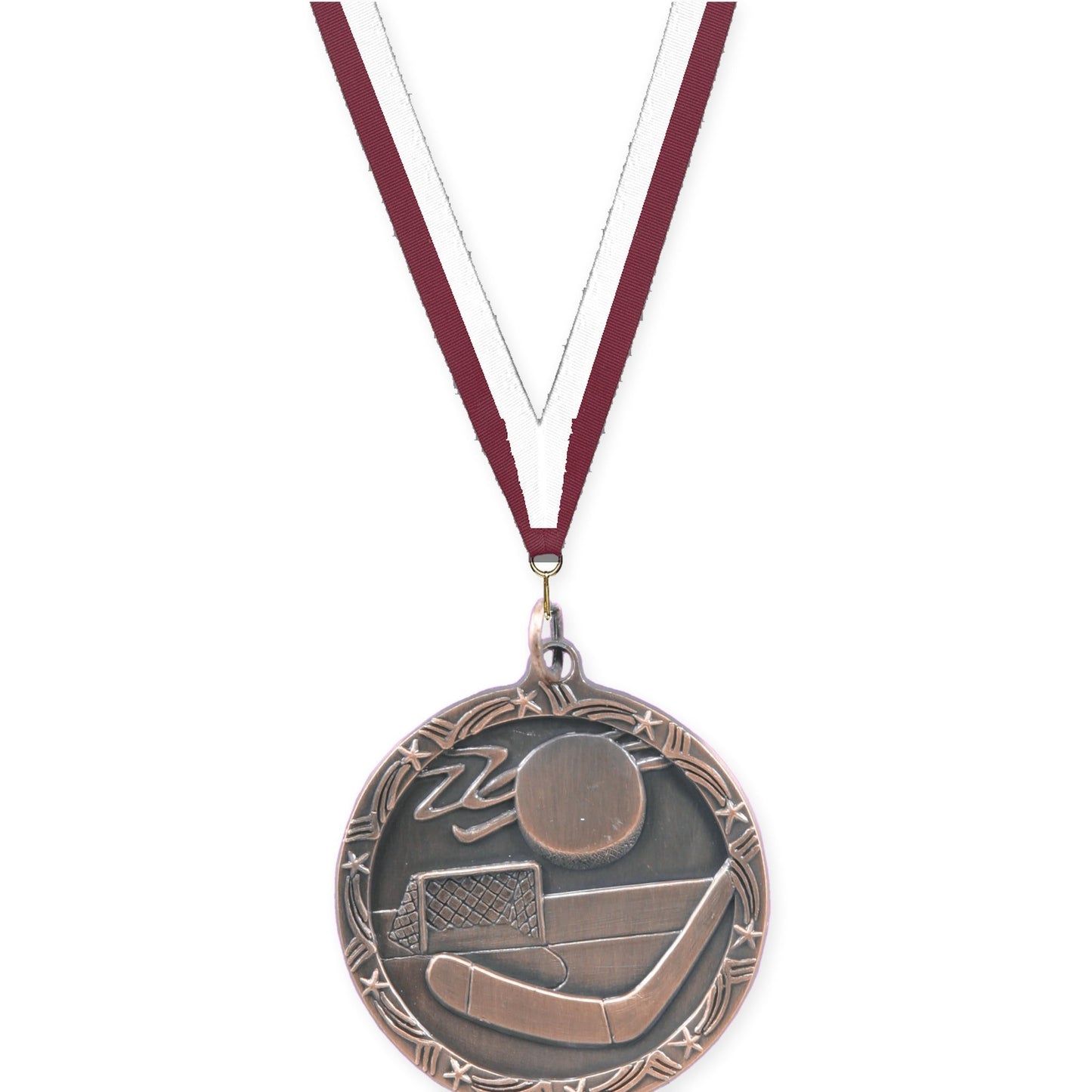 1 3/4 inch hockey Shooting Star medal in antique bronze with Maroon White neck ribbon