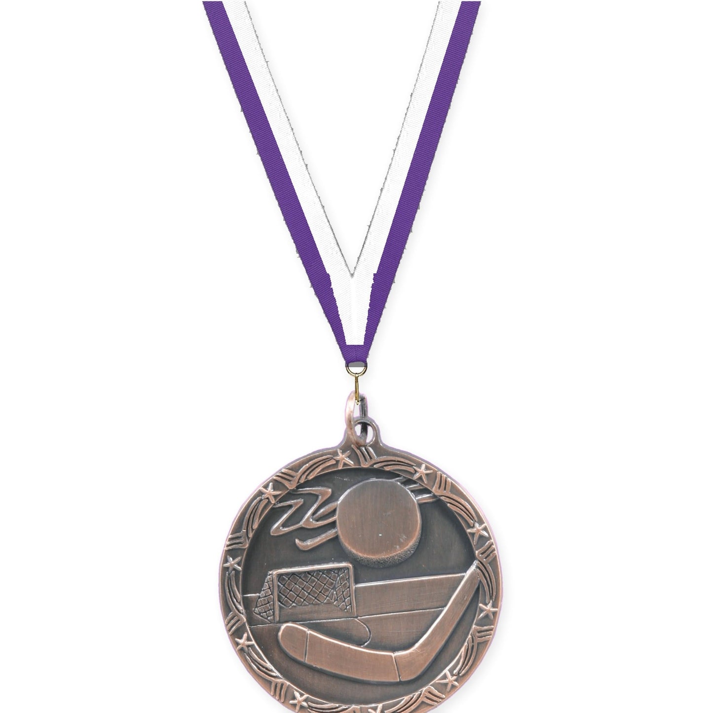 1 3/4 inch hockey Shooting Star medal in antique bronze with Purple White neck ribbon