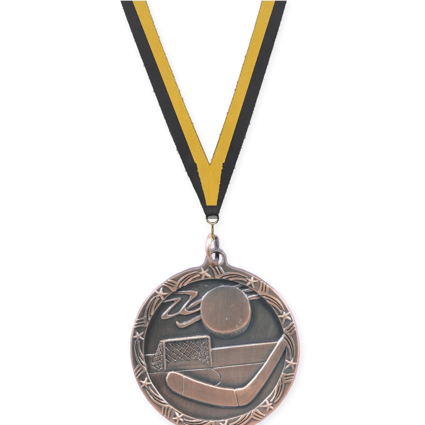 1 3/4 inch hockey Shooting Star medal in antique bronze with Black Gold neck ribbon