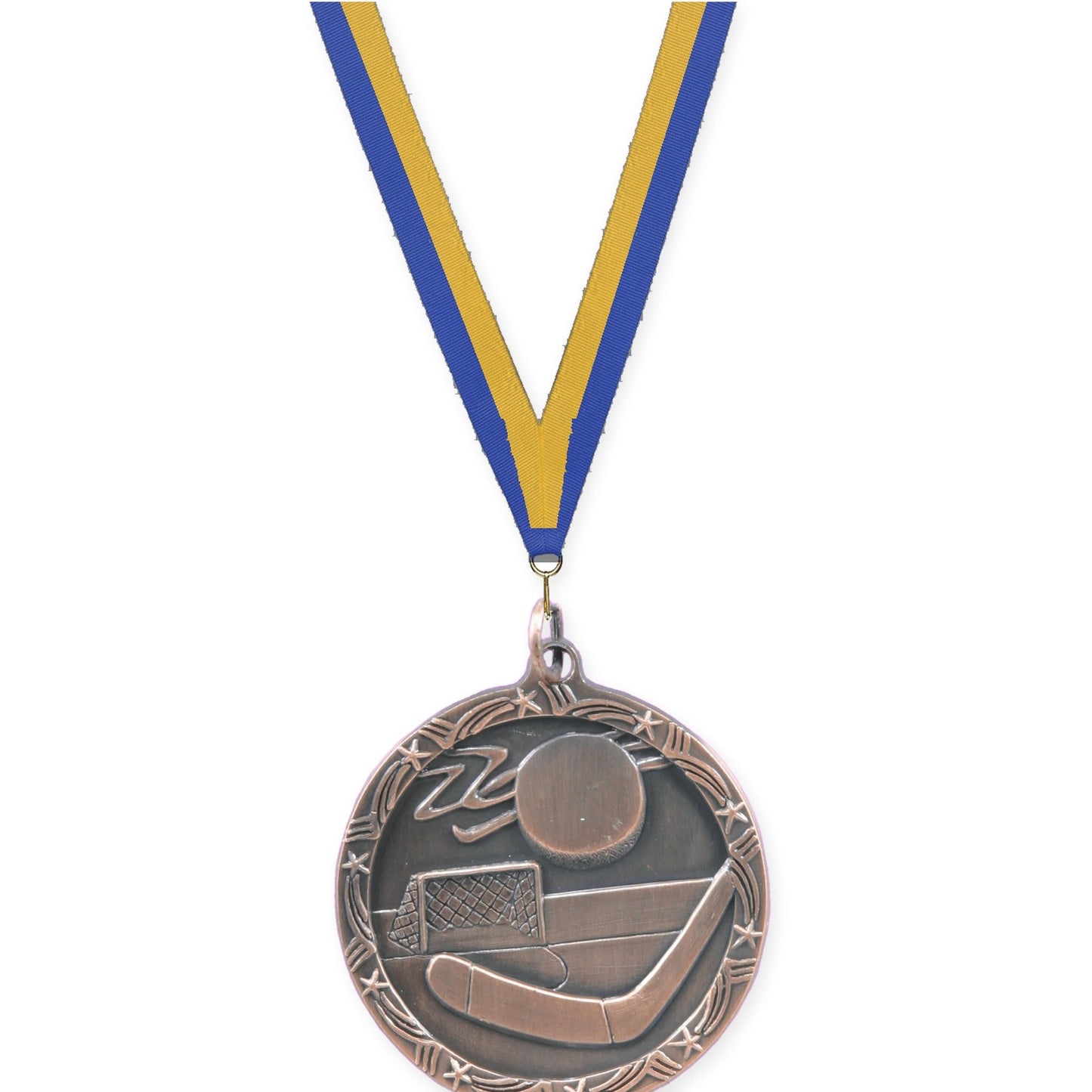 1 3/4 inch hockey Shooting Star medal in antique bronze with Blue Gold neck ribbon