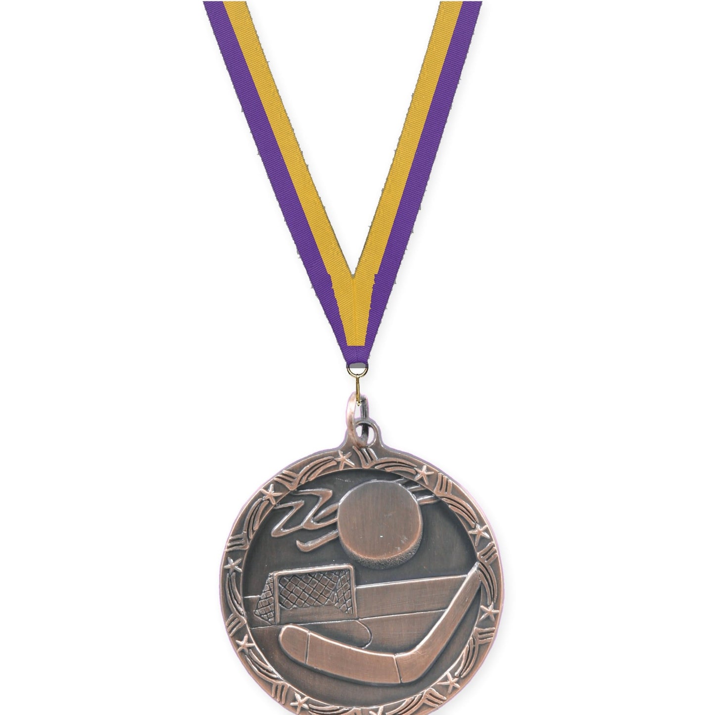 1 3/4 inch hockey Shooting Star medal in antique bronze with Purple Gold neck ribbon
