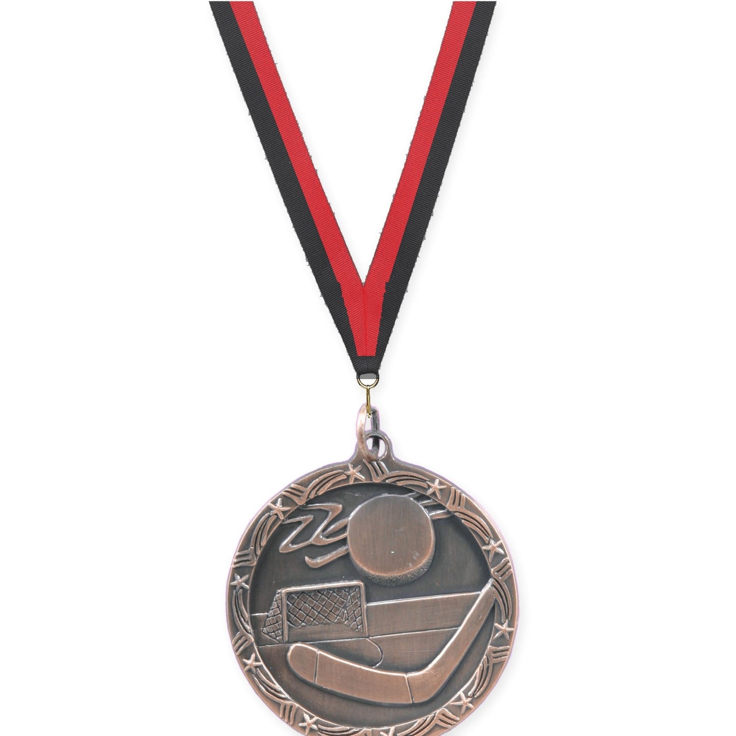 1 3/4 inch hockey Shooting Star medal in antique bronze with Black Red neck ribbon