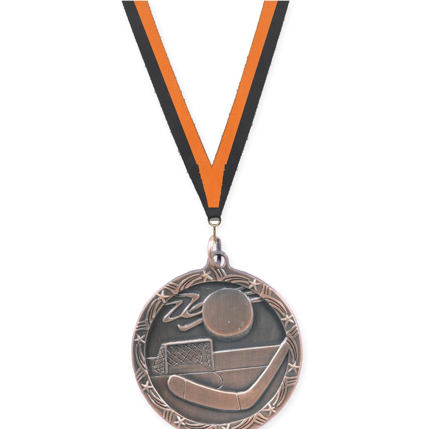1 3/4 inch hockey Shooting Star medal in antique bronze with Black Orange neck ribbon