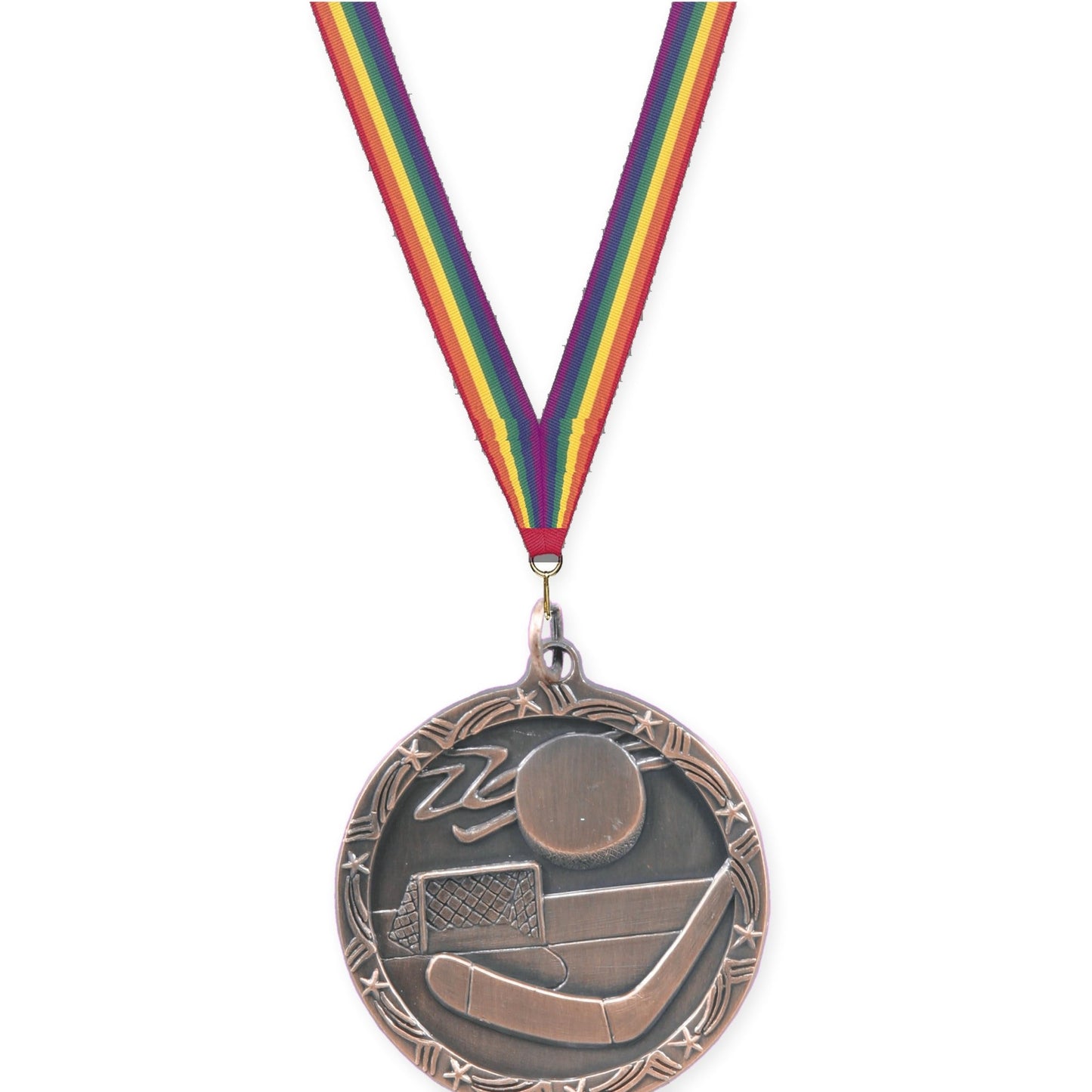 1 3/4 inch hockey Shooting Star medal in antique bronze with Rainbow neck ribbon